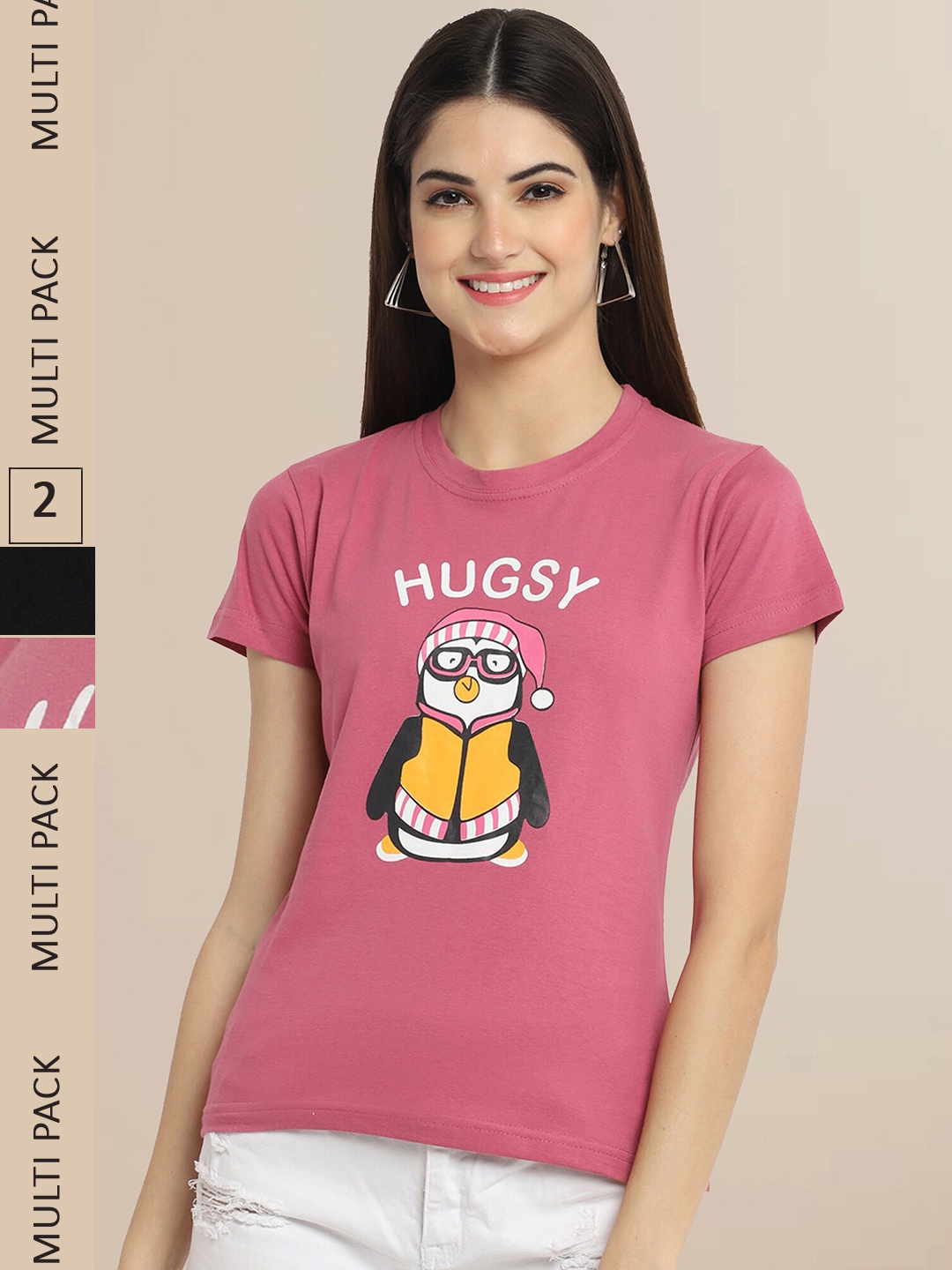 

Fabflee Women Pink & Black Pack Of 2 Typography Printed Cotton T-shirt