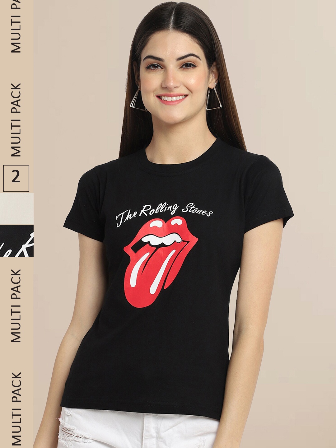 

Fabflee Women Black & Beige Pack Of 2 Typography Printed Cotton T-shirt