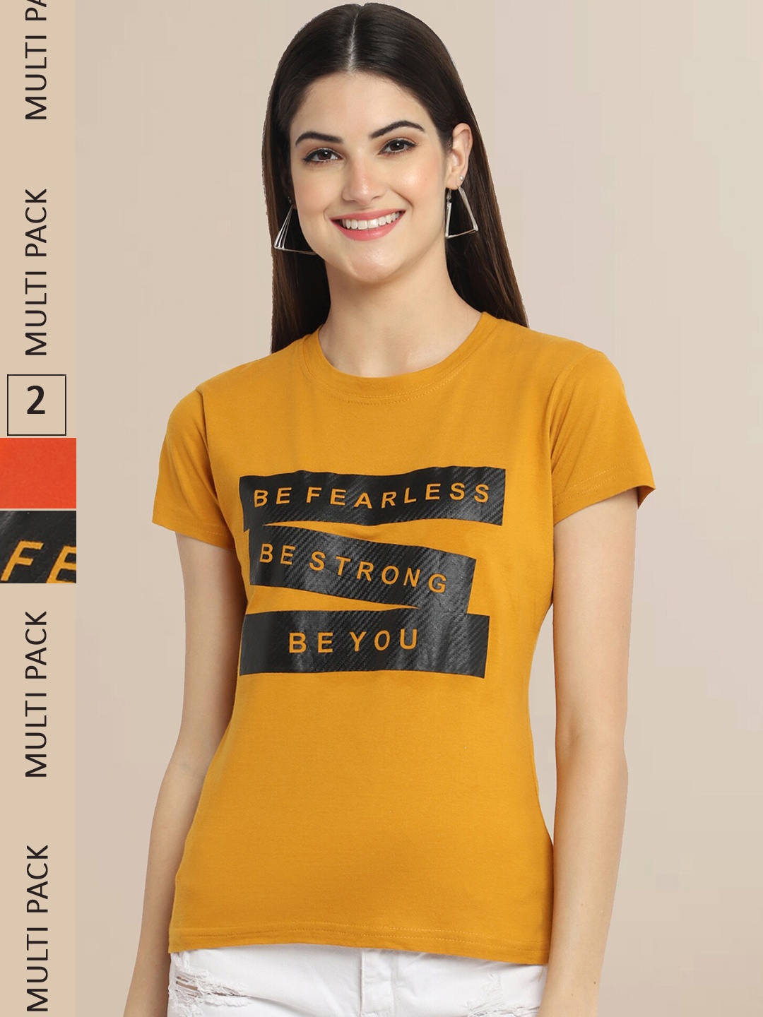 

Fabflee Women Mustard Yellow & Orange Pack of 2 Typography Printed Cotton T-shirts