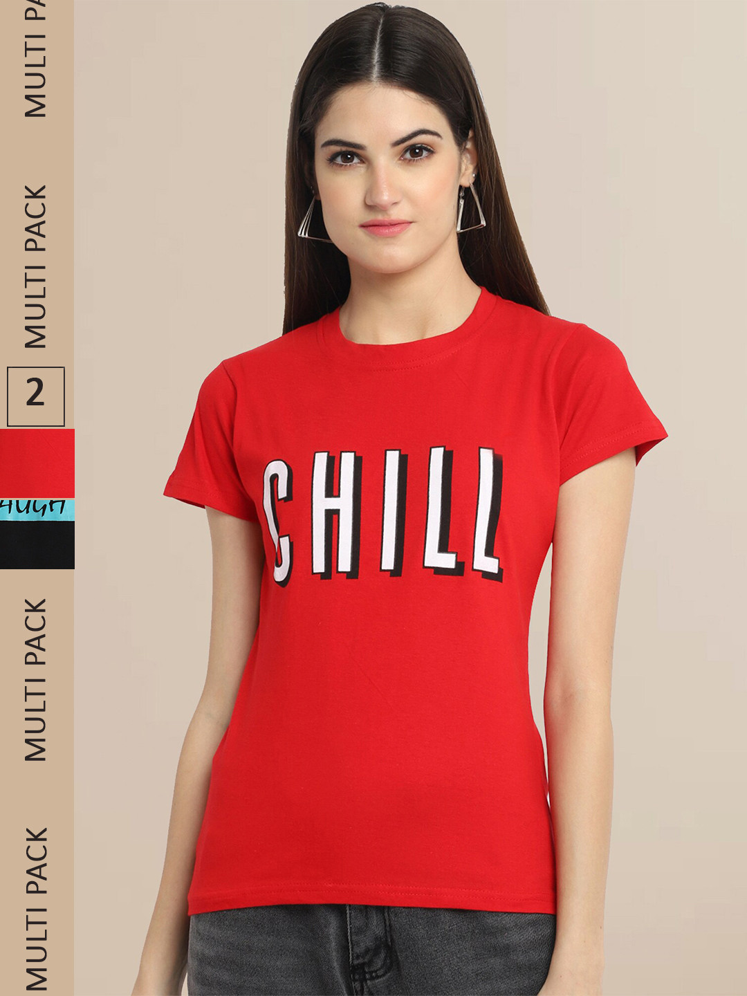 

Fabflee Women Red & Black Pack of 2 Typography Printed Cotton T-shirts