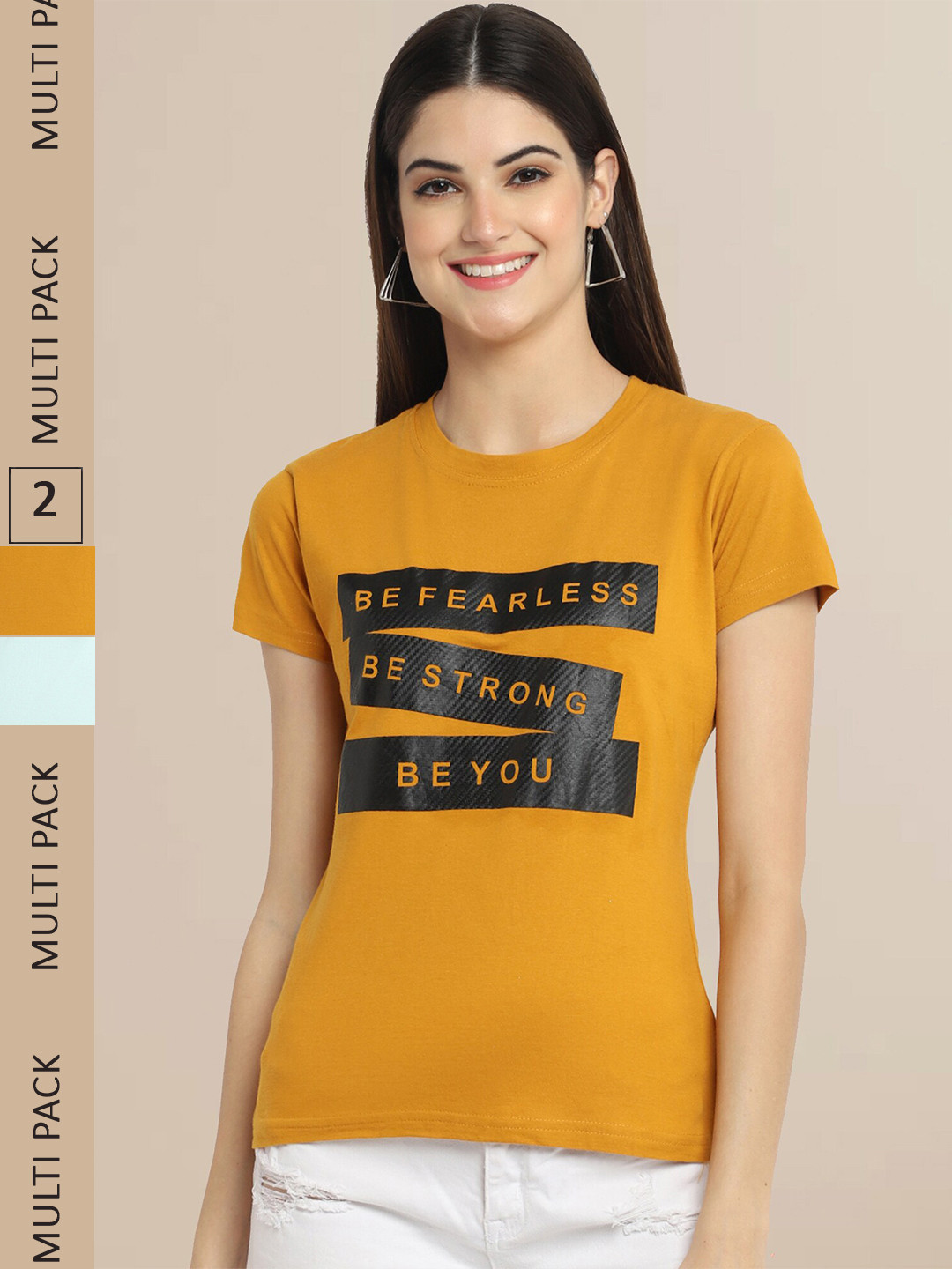 

Fabflee Women Pack Of 2 Mustard Yellow & Turquoise Blue Typography Printed Cotton T-shirt