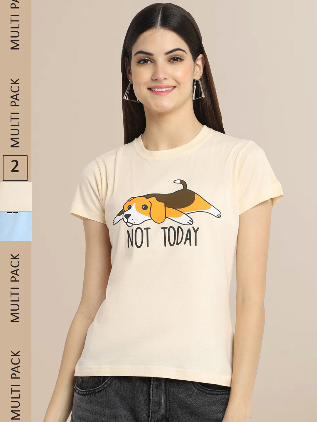 

Fabflee Women Pack Of 2 Beige & Blue Printed Cotton T-shirt