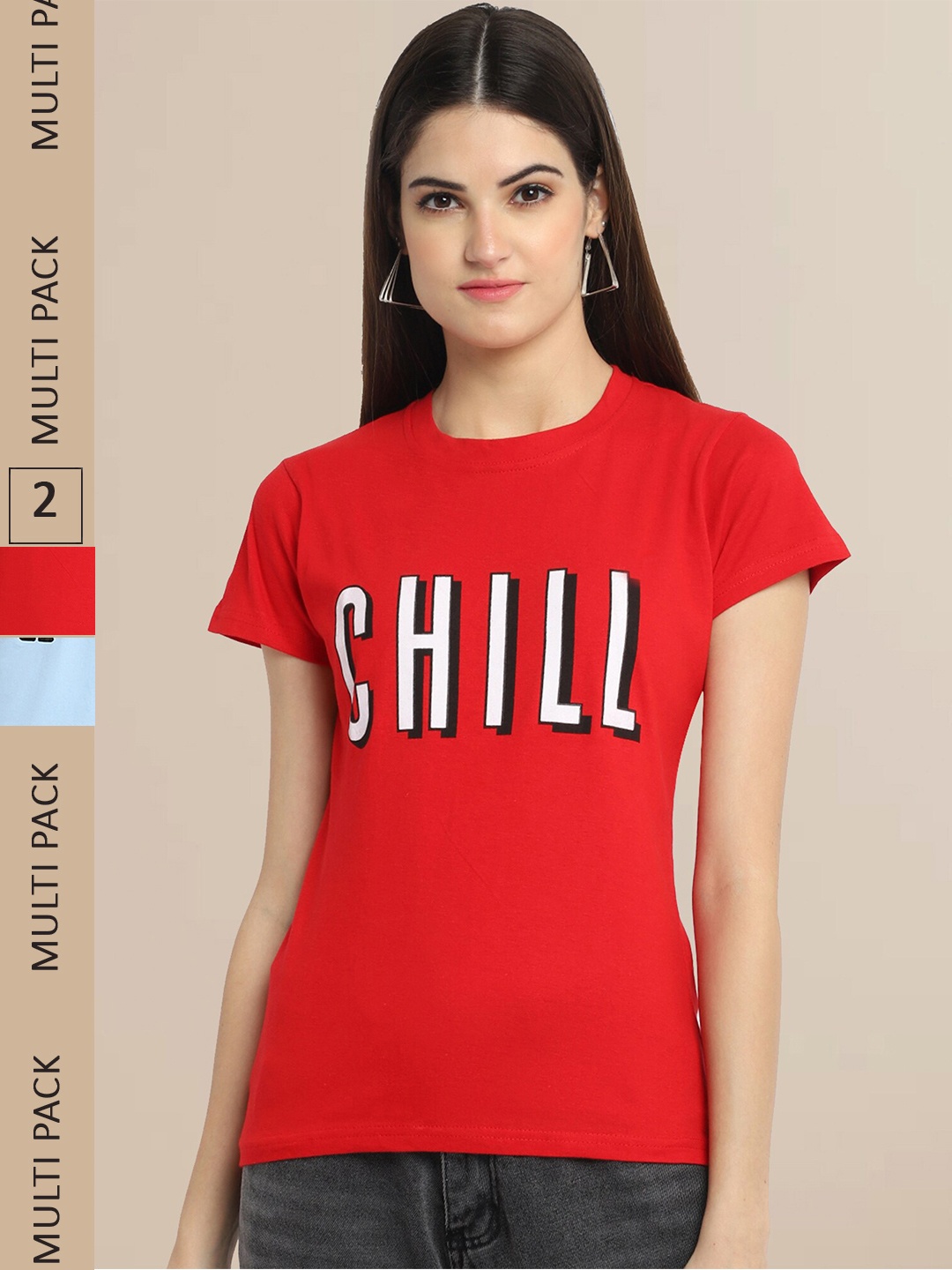 

Fabflee Women Pack Of 2 Red & Blue Typography Printed Cotton T-shirt