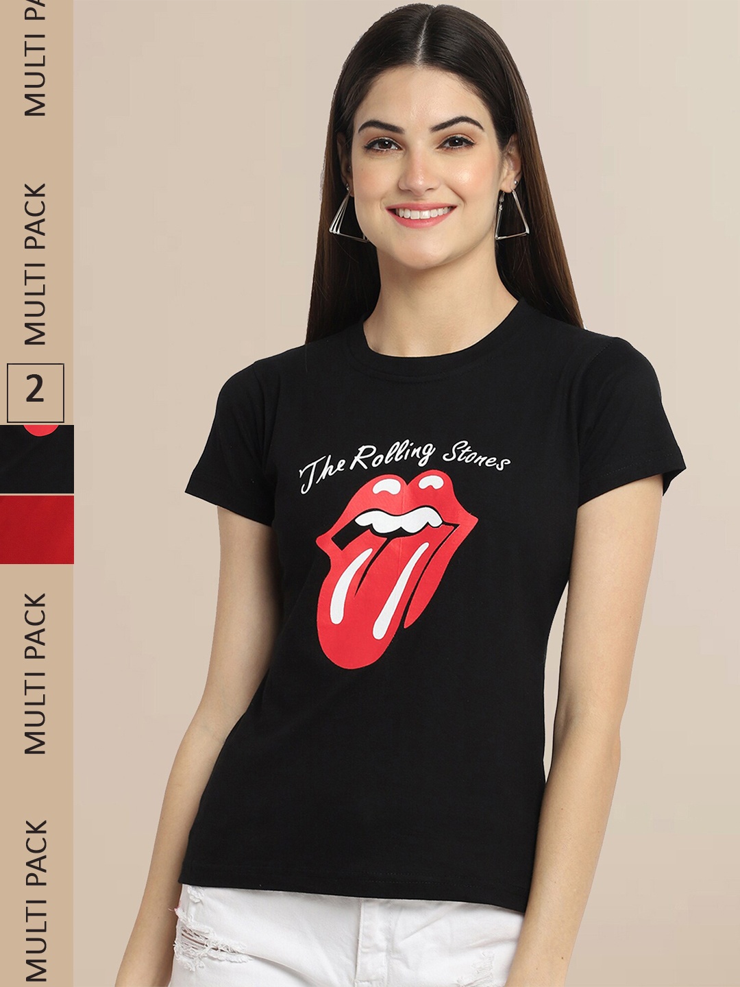 

Fabflee Women Pack Of 2 Black & Maroon Printed Cotton T-shirt