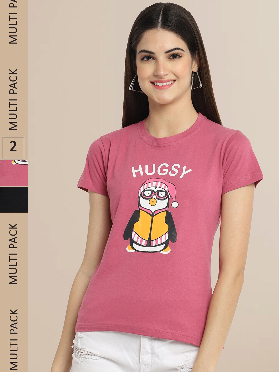 

Fabflee Women Pack Of 2 Pink & Black Printed Cotton T-shirt