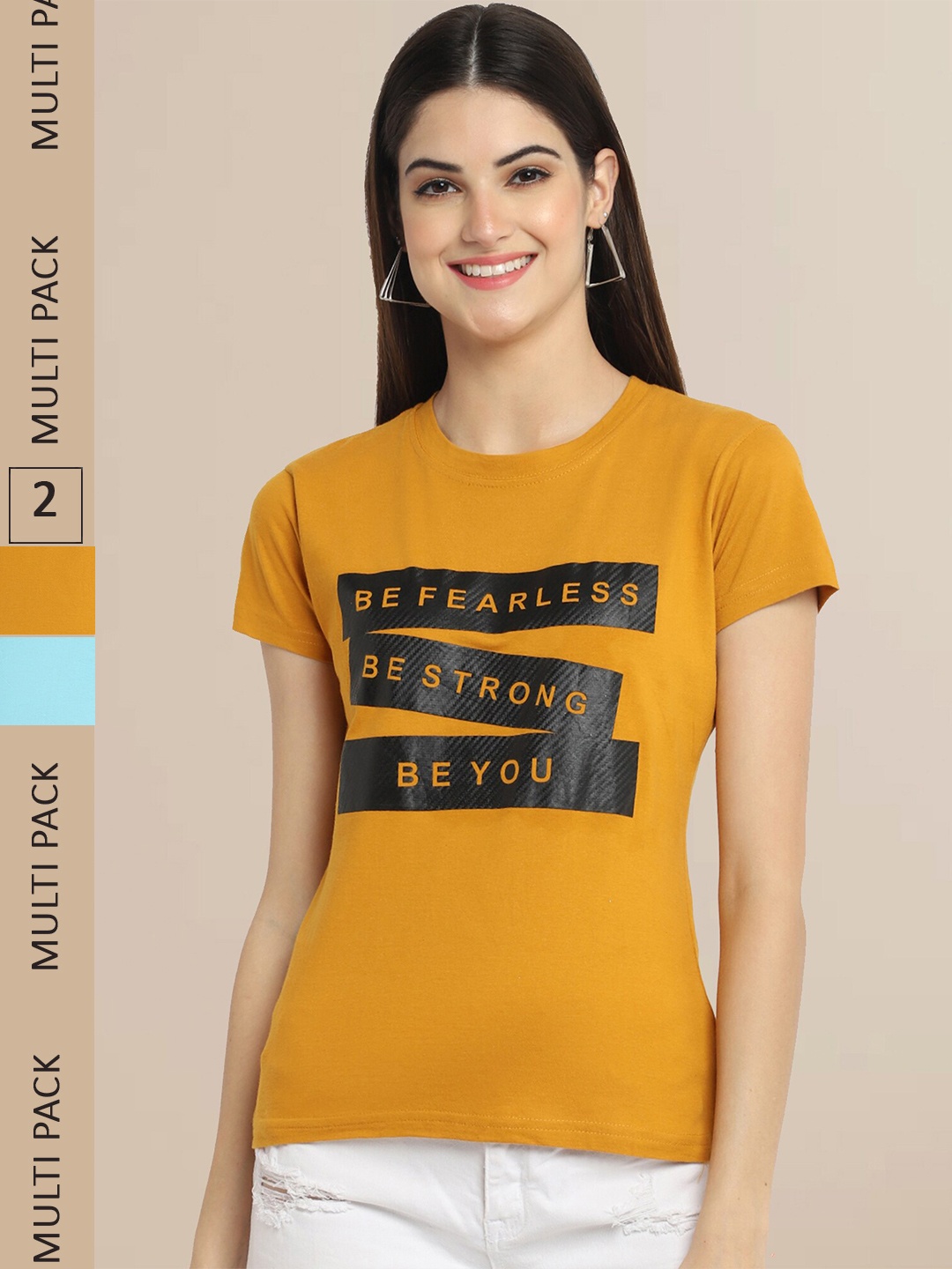 

Fabflee Women Pack Of 2 Mustard Yellow & Turquoise Blue Typography Printed Cotton T-shirt