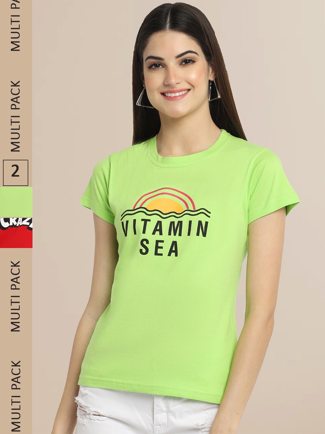 

Fabflee Women Pack Of 2 Lime Green & Red Typography Printed Cotton T-shirt
