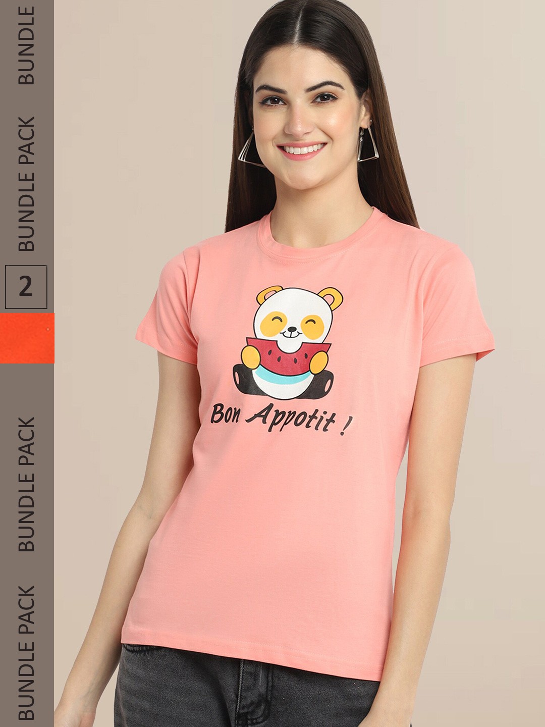 

Fabflee Women Pack Of 2 Peach & Orange Typography Printed Cotton T-shirt