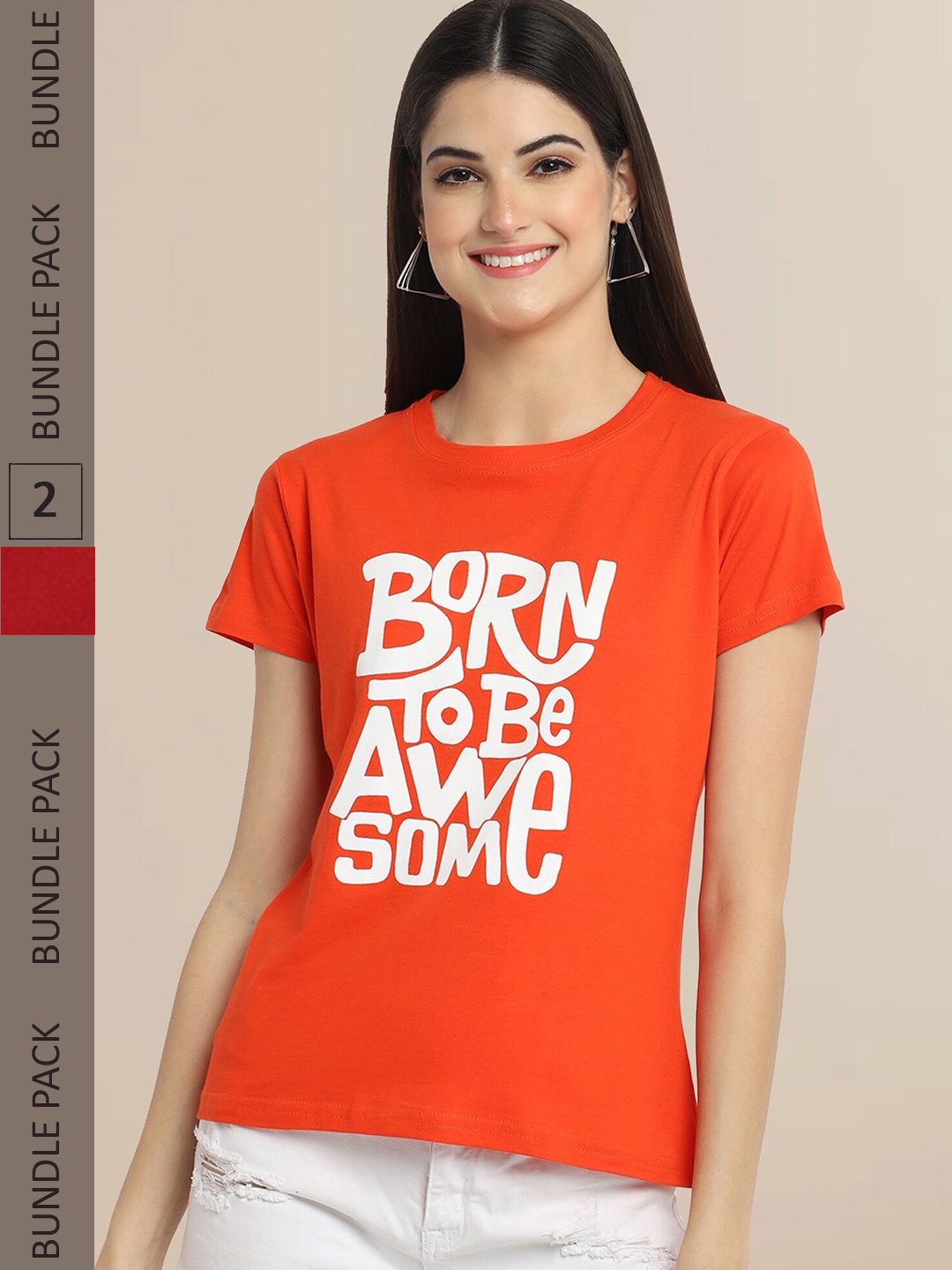 

Fabflee Women Pack Of 2 Orange & Maroon Typography Printed Cotton T-shirt