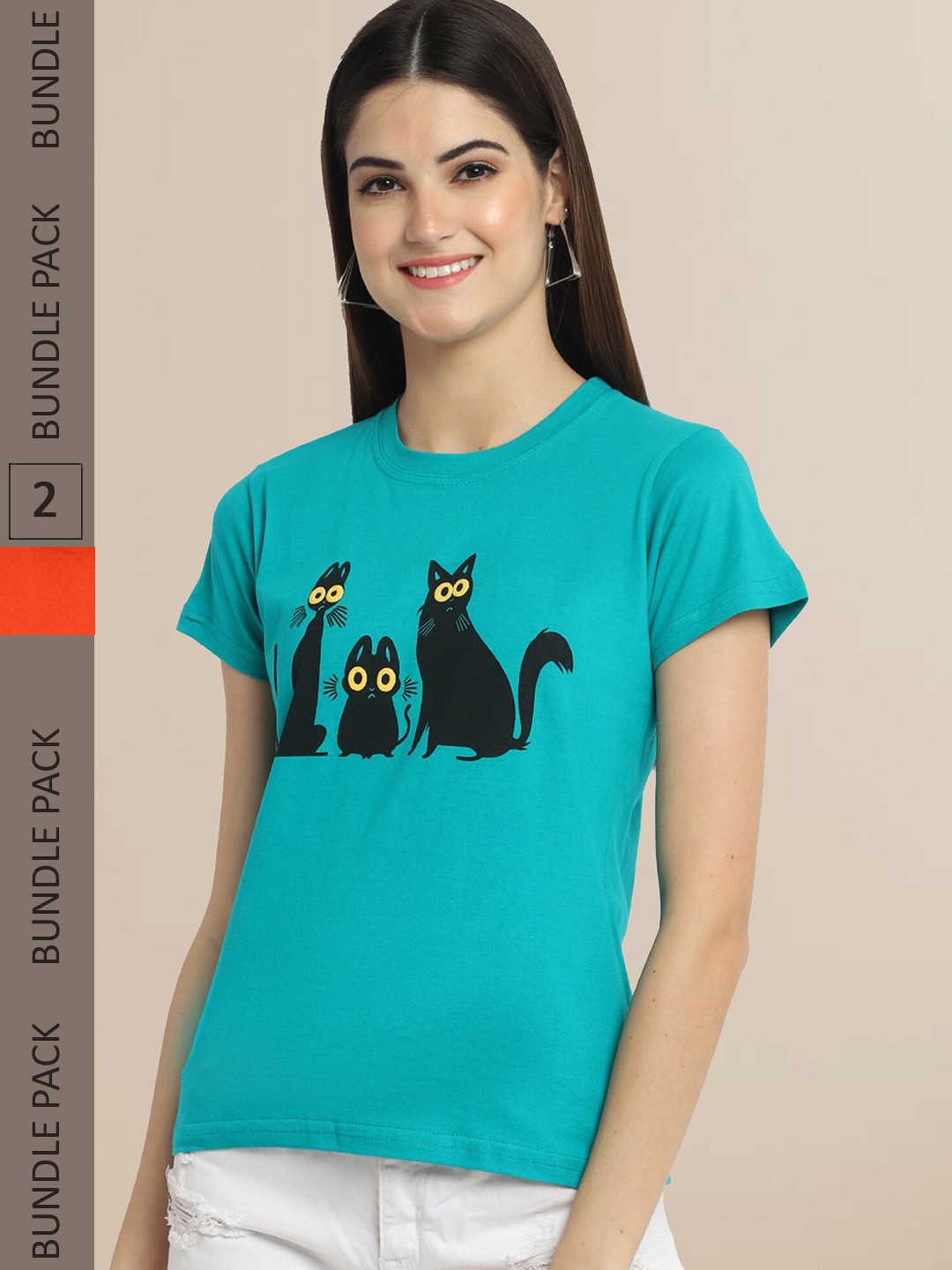 

Fabflee Women Pack Of 2 Teal & Orange Printed Cotton T-shirt