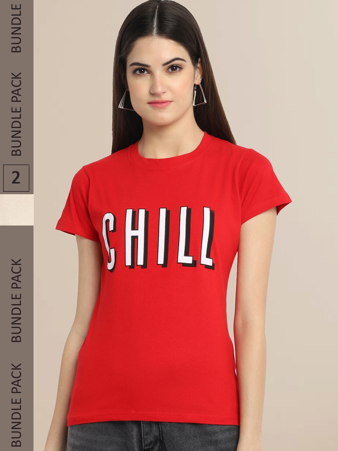 

Fabflee Women Pack Of 2 Red & Off White Typography Printed Cotton T-shirt
