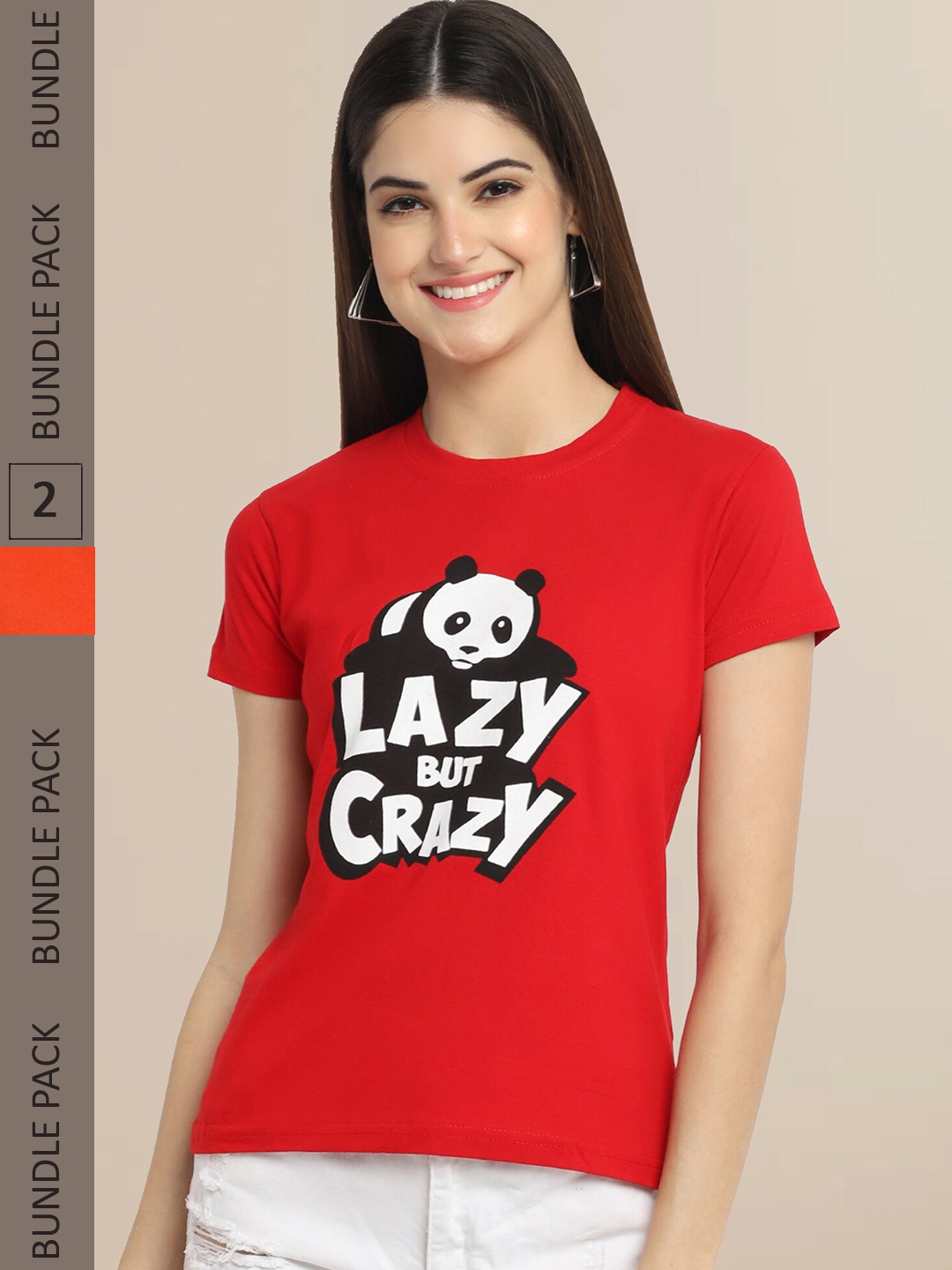

Fabflee Women Pack Of 2 Red & Orange Typography Printed Cotton T-shirt
