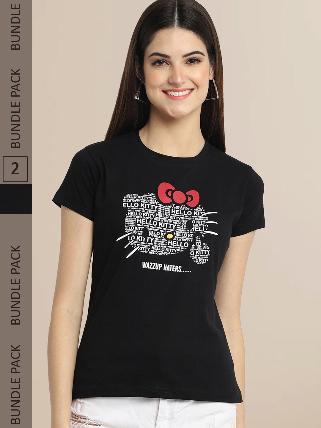 

Fabflee Women Pack Of 2 Black & Black Printed Cotton T-shirt