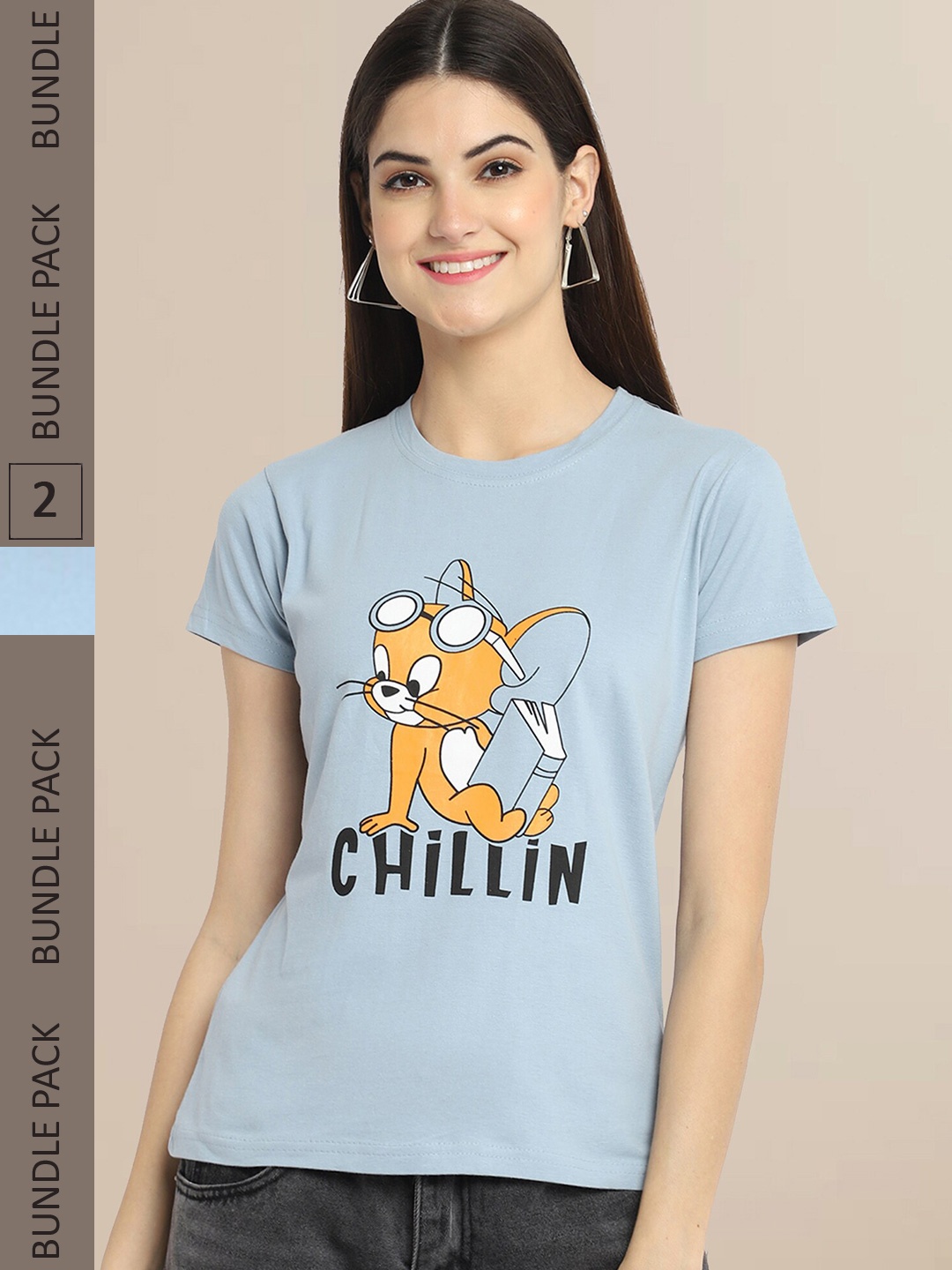 

Fabflee Women Pack Of 2 Grey & Blue Printed Cotton T-shirt