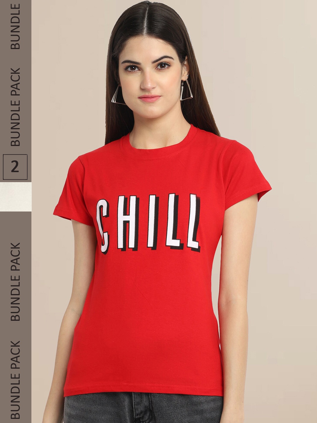 

Fabflee Women Pack Of 2 Red & Off White Typography Printed Cotton T-shirt