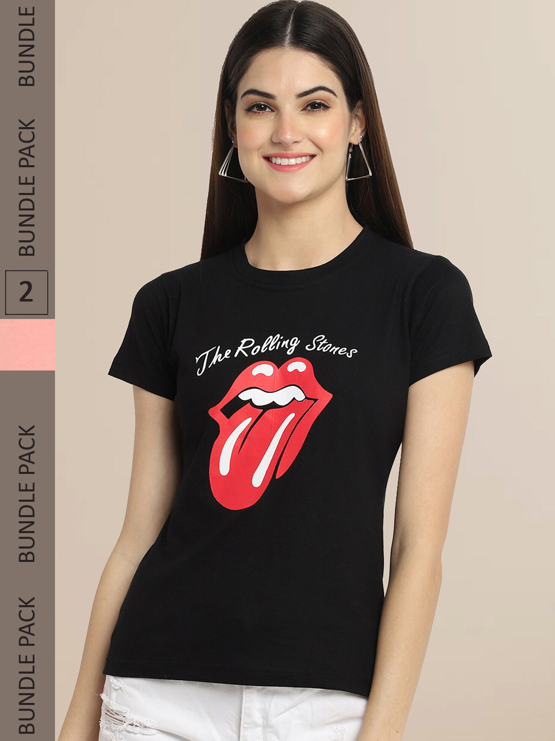 

Fabflee Women Pack Of 2 Black & Peach Printed Cotton T-shirt