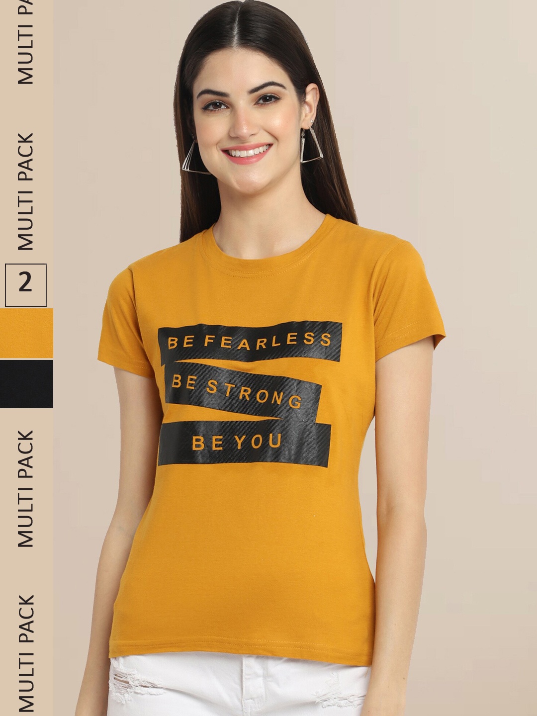 

Fabflee Women Mustard Yellow & Black Set Of 2 Cotton Printed T-shirt