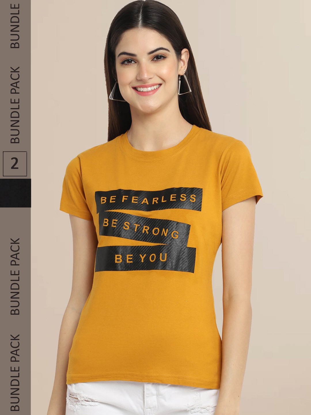 

Fabflee Women Mustard Yellow & Black Typography Set Of 2 Cotton Printed T-shirt