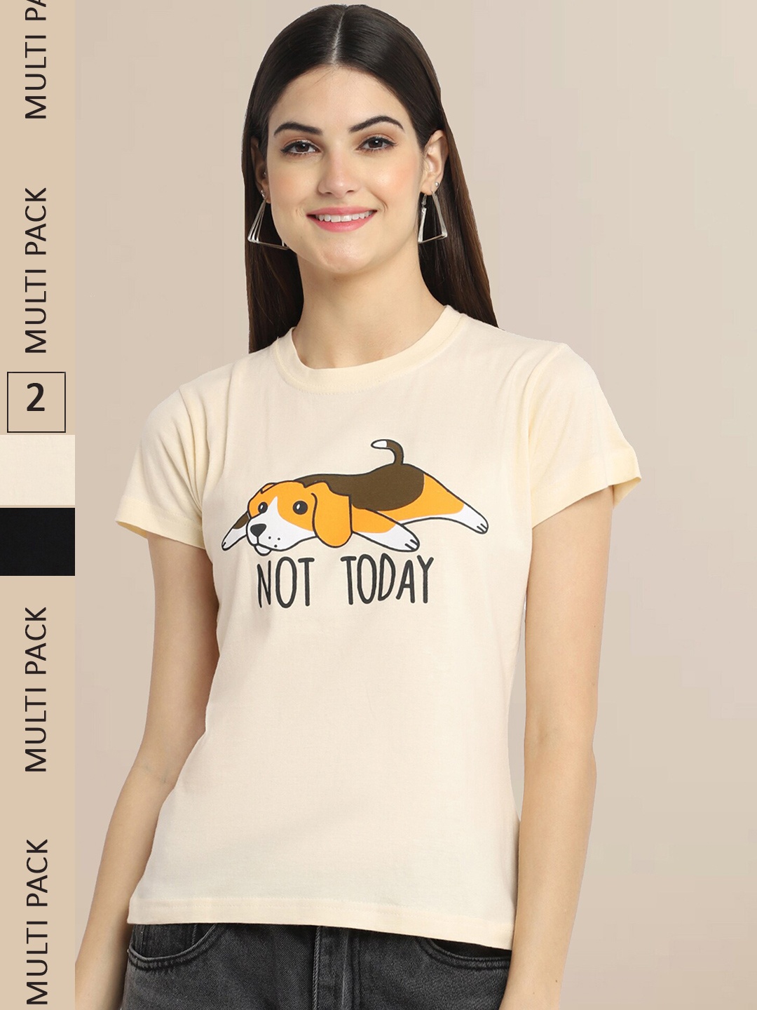 

Fabflee Women Beige & Black Set Of 2 Cotton Printed T-shirt