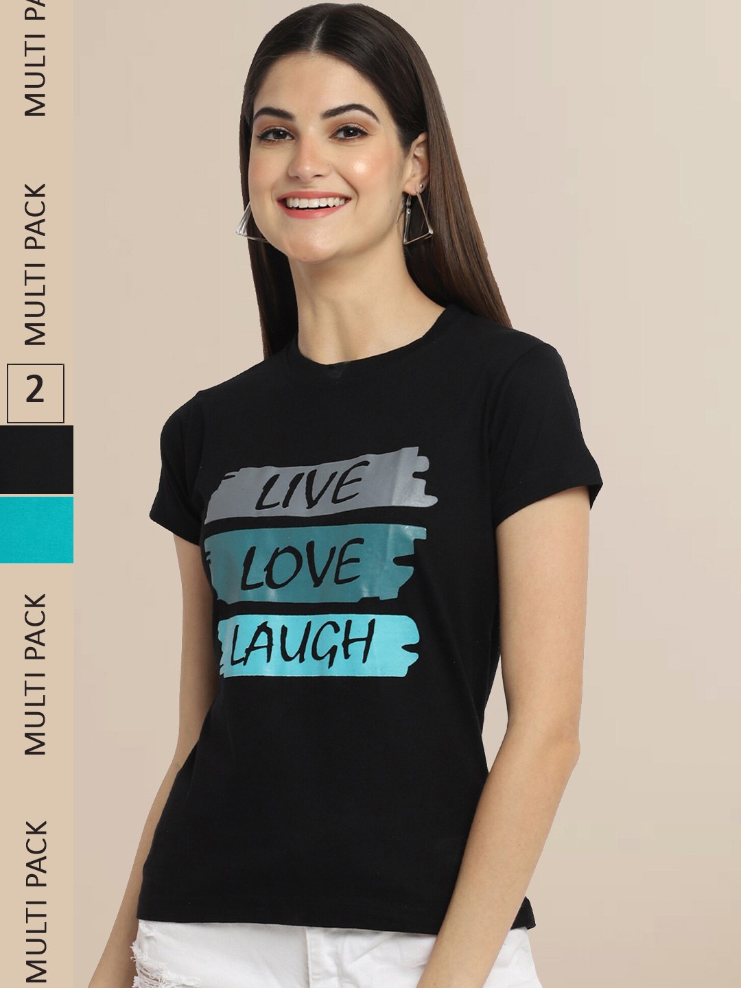 

Fabflee Women Black & Turquoise Blue Pack of 2 Typography Printed Cotton T-shirt