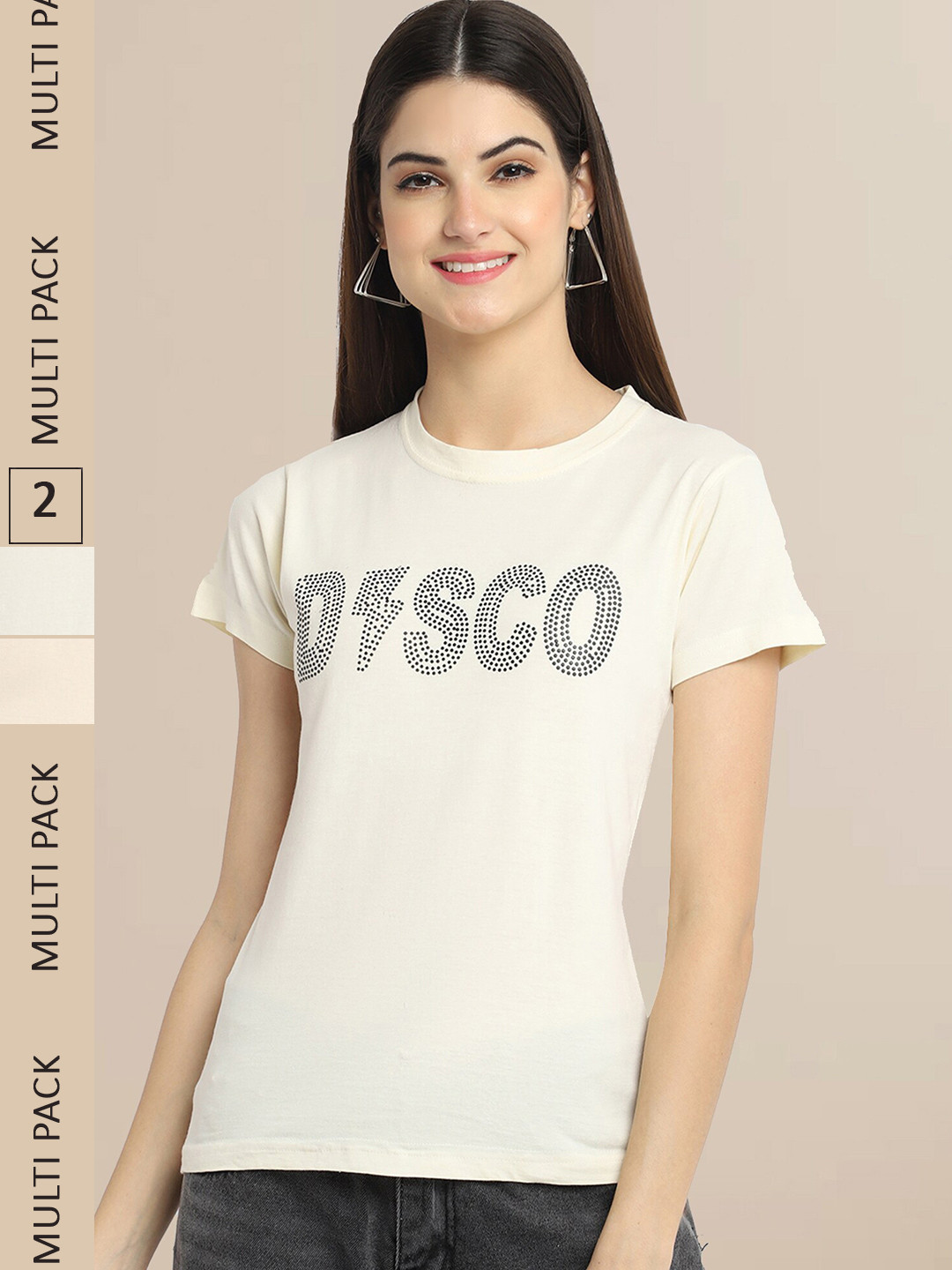 

Fabflee Women Off White & Cream Pack of 2 Typography Printed Cotton T-shirt