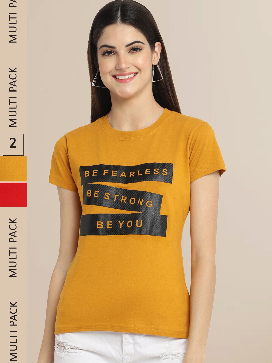 

Fabflee Women Mustard Yellow & Red Pack of 2 Typography Printed Cotton T-shirt