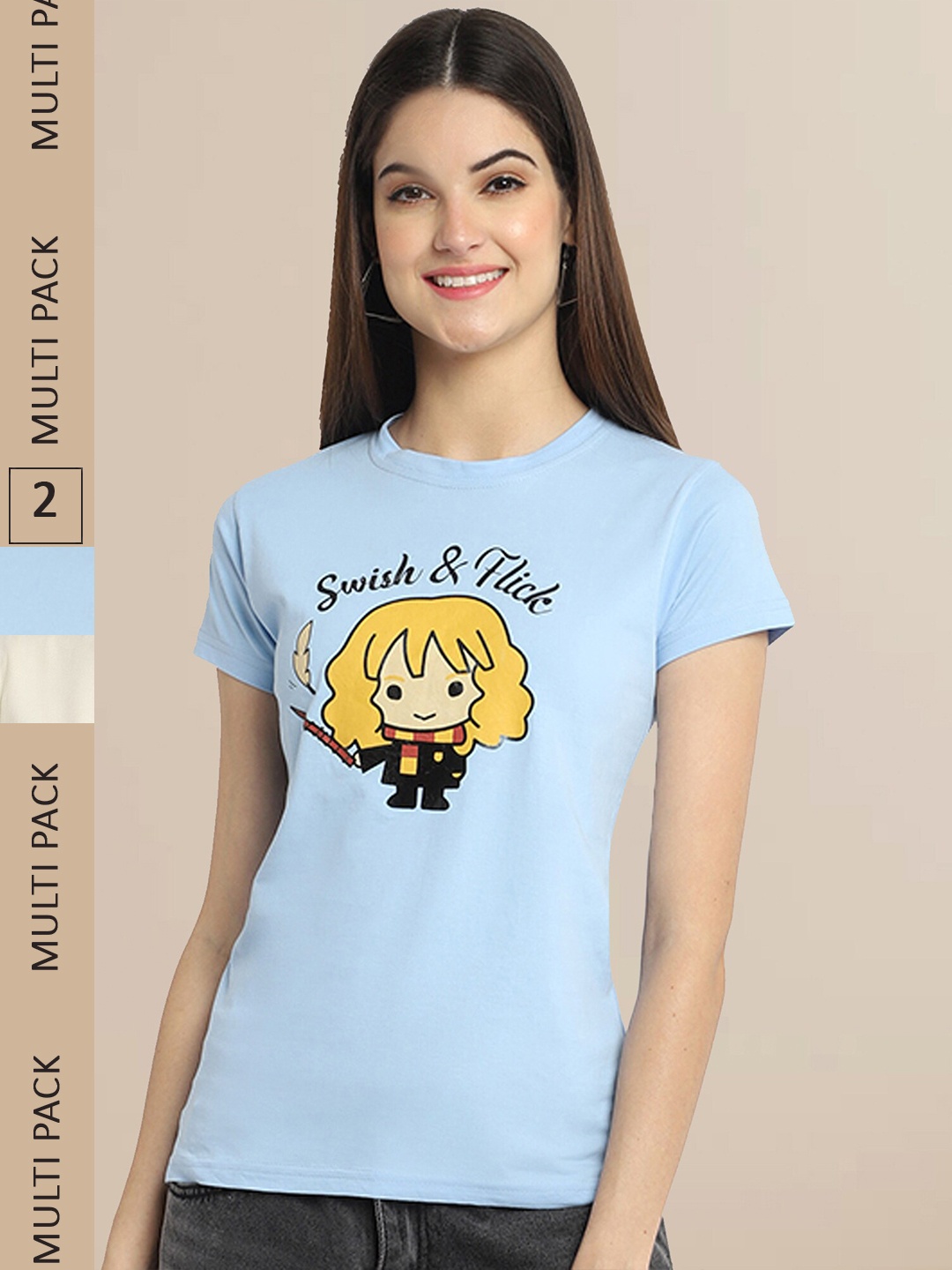 

Fabflee Women Blue & Cream Pack of 2 Typography Printed Cotton T-shirt