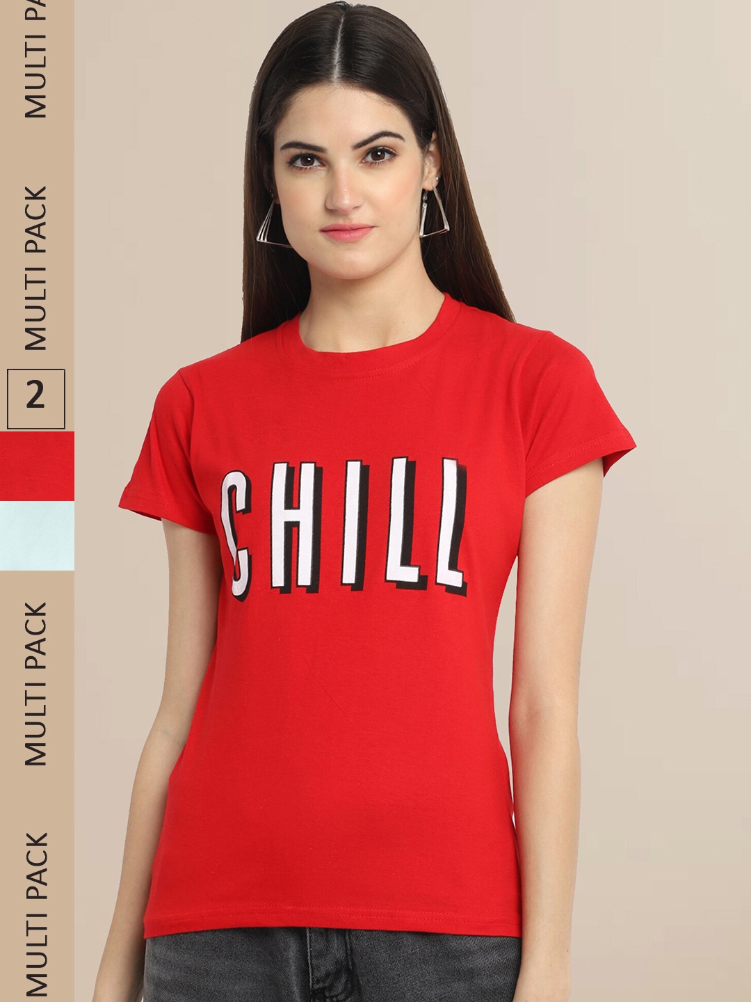 

Fabflee Women Red & Blue Typography Printed Pack of 2 Cotton T-shirt