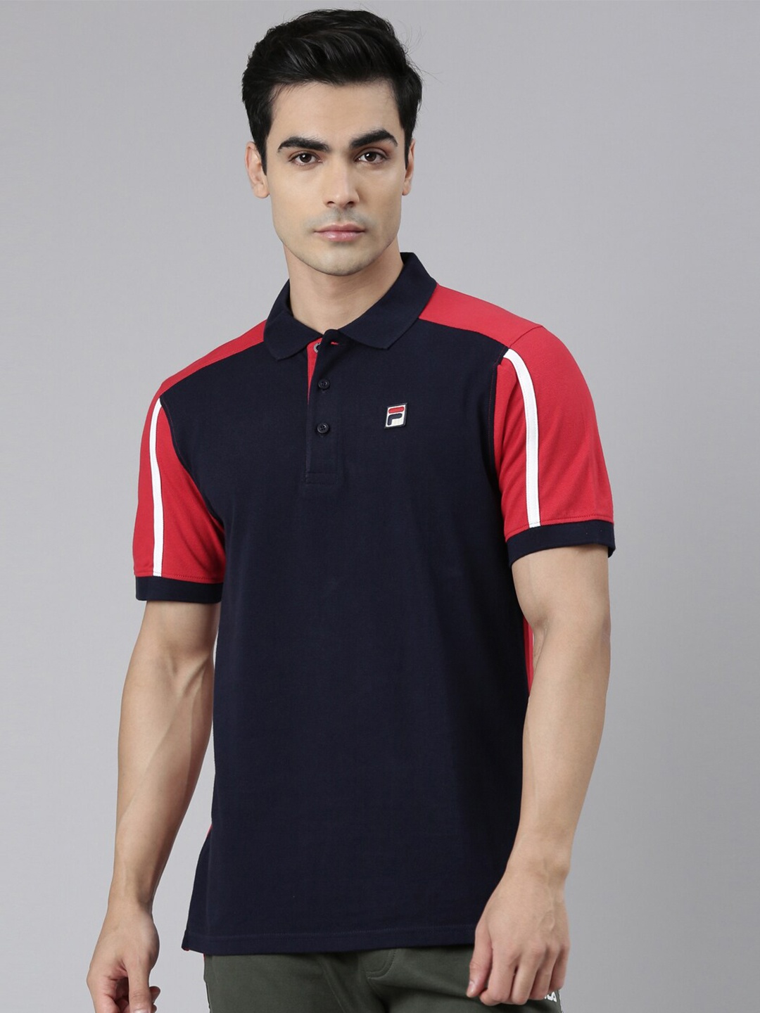 

FILA Men Blue & Red Colourblocked Polo Collar Organic Cotton T-shirt