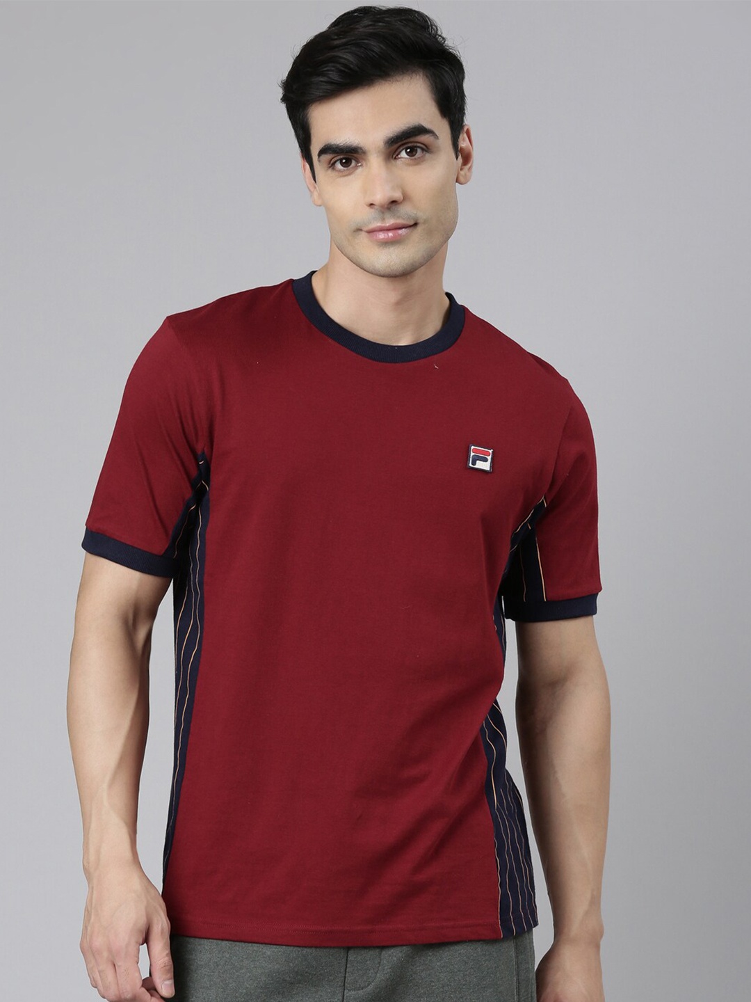 

FILA Men Maroon & Navy Blue Colourblocked Organic Cotton T-shirt