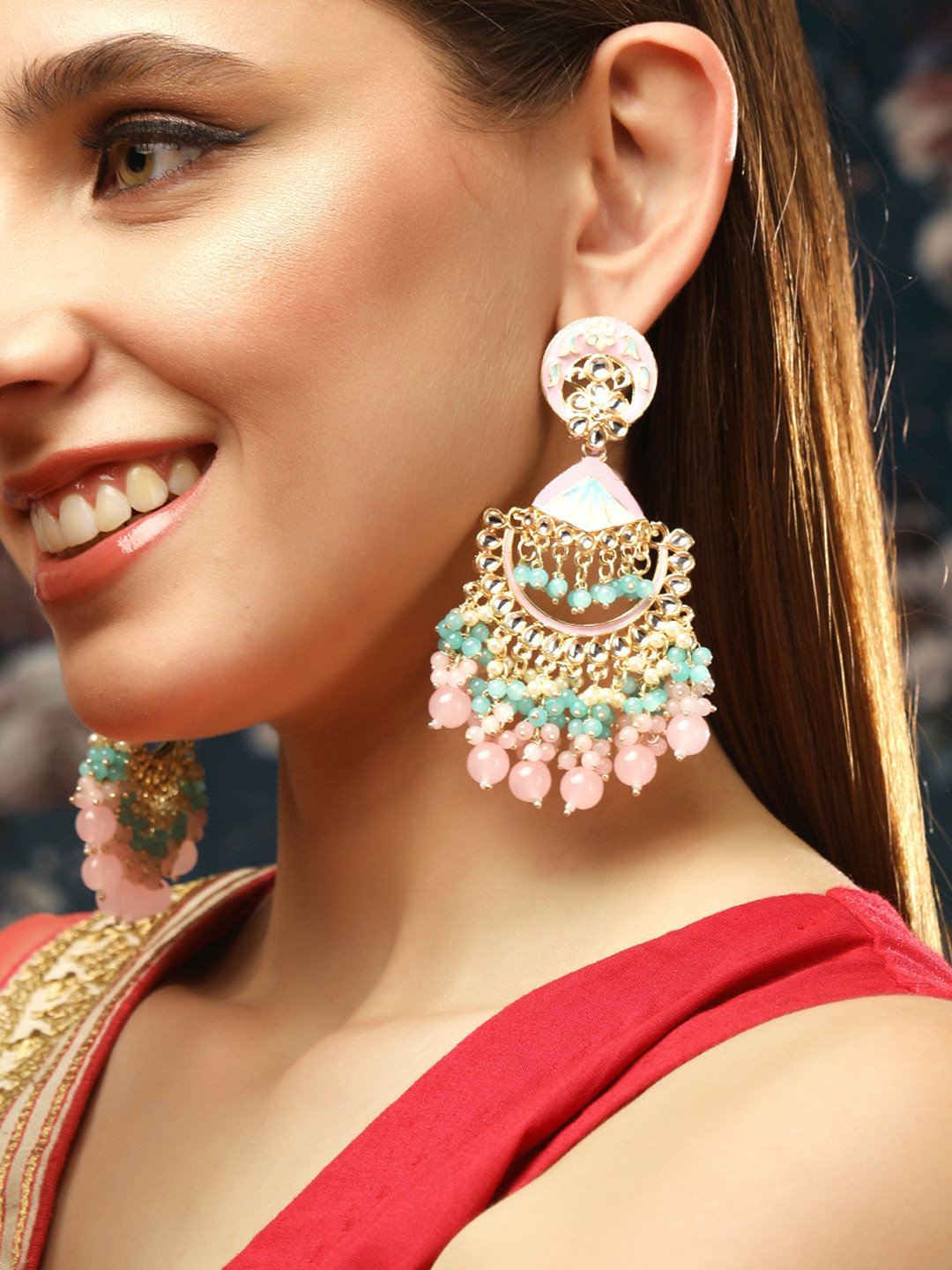

Rubans Gold-Toned & Blue Crescent Shaped Chandbalis Earrings