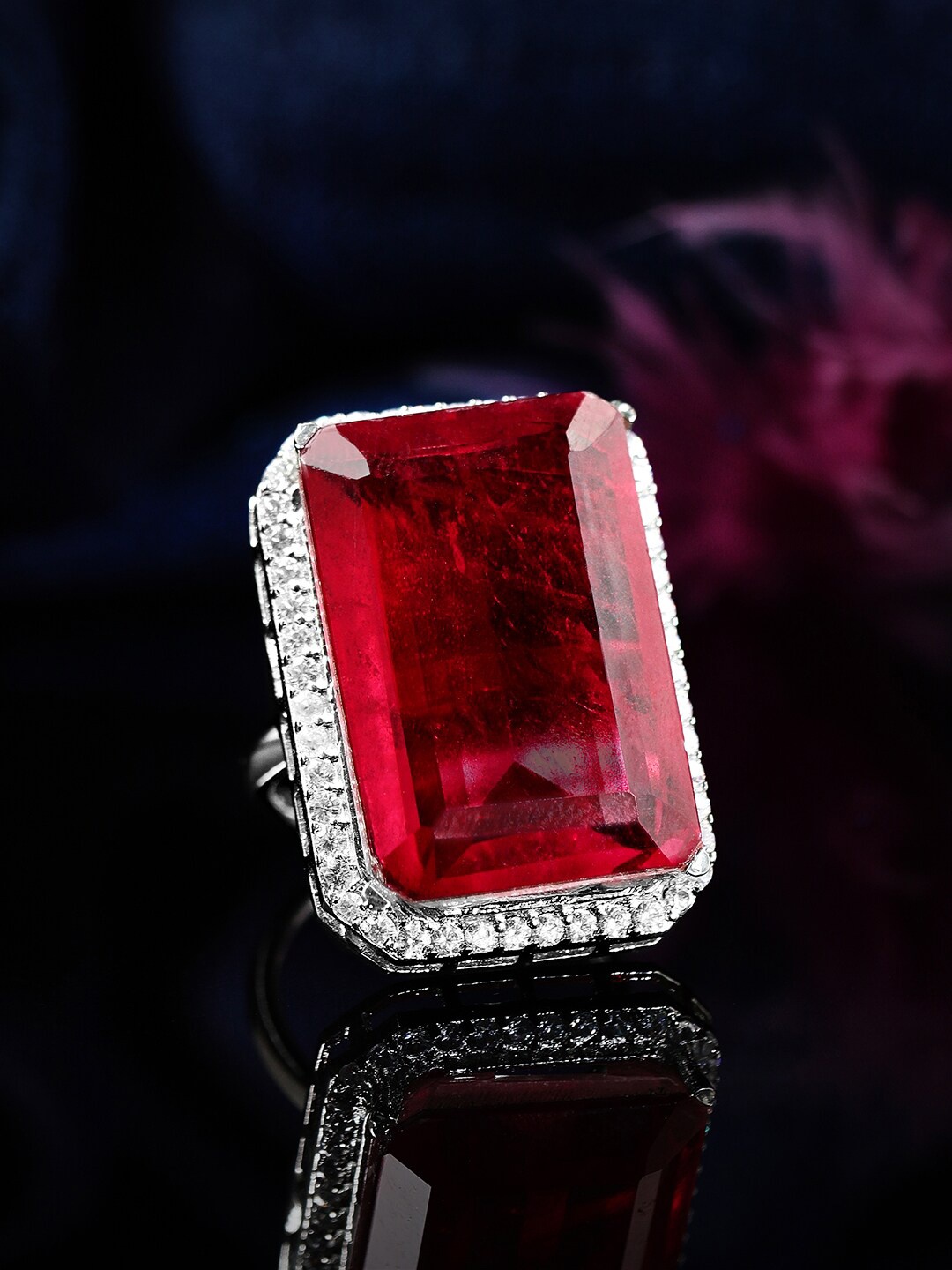 

Rubans Silver-Plated Red & White Stone Studded Adjustable Finger Ring