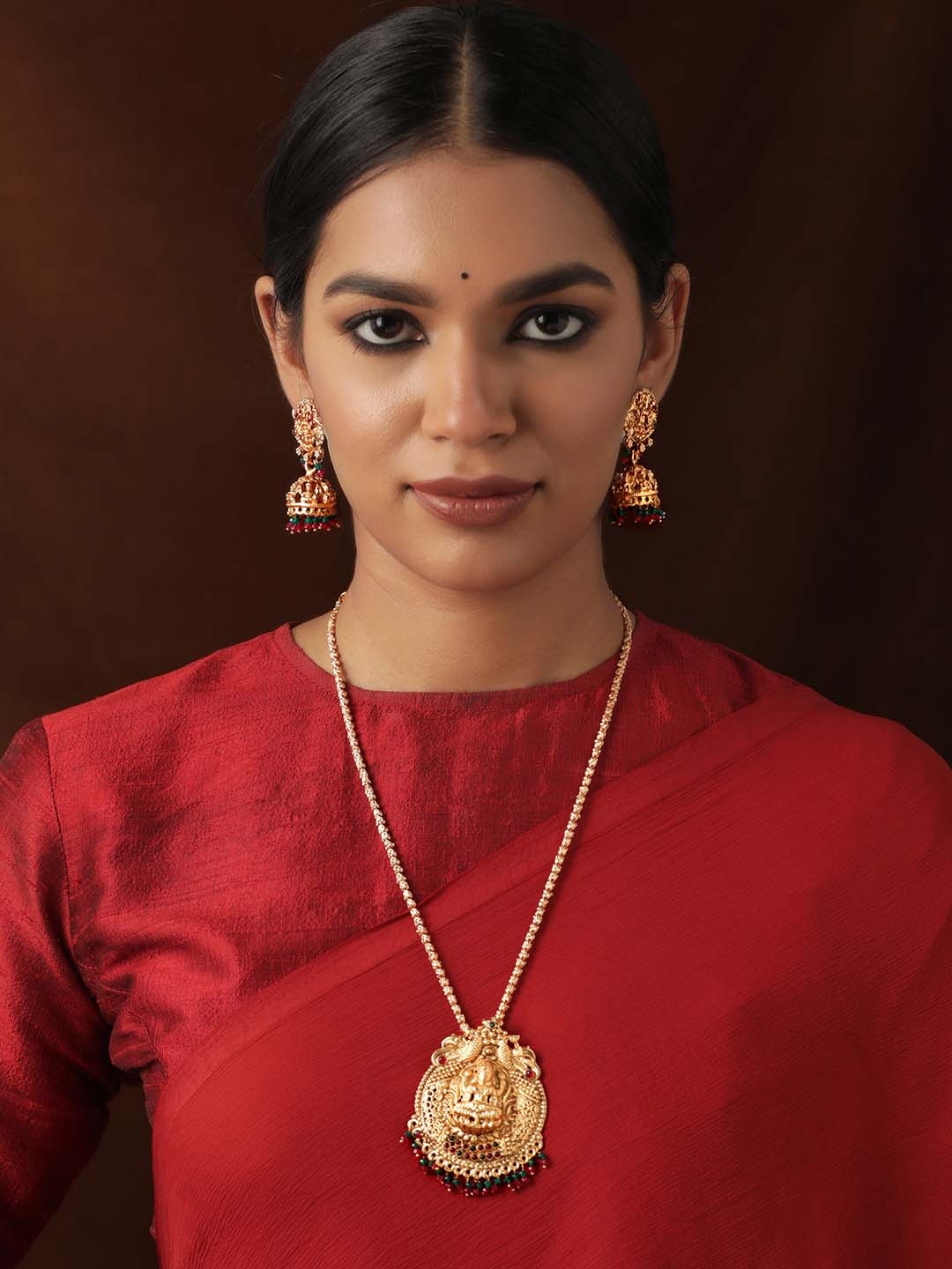 

Rubans Gold-Plated Pink & Green Stone Studded & Beaded Jewellery Set