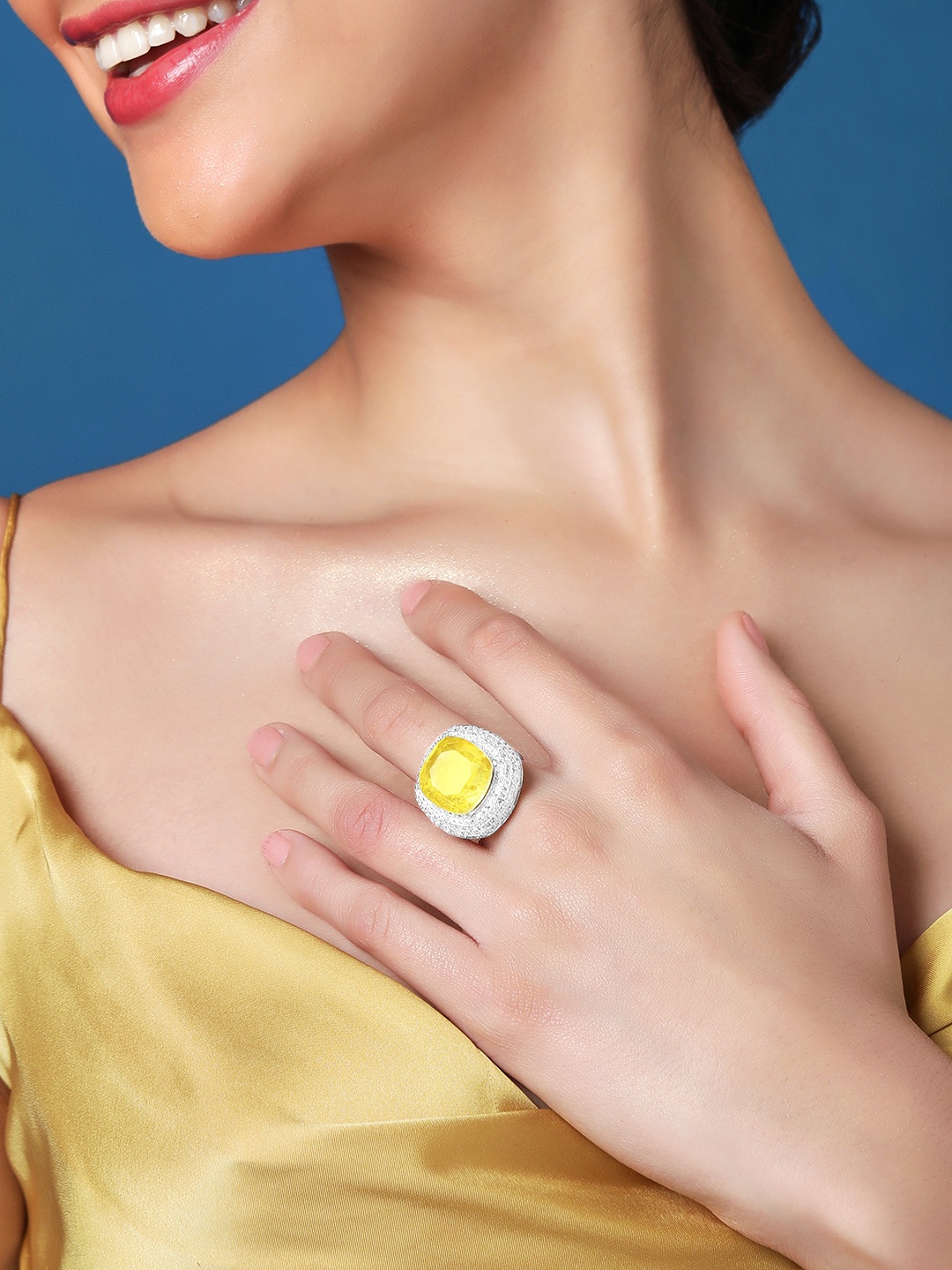 

Rubans Silver-Plated Yellow Stone-Studded Adjustable Finger Ring