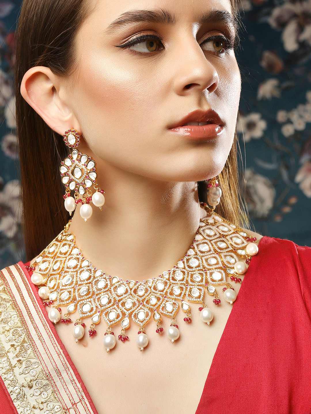 

Rubans 22K Gold-Plated Polki & Zirconia Studded Ruby & Pearl Beaded Bridal Necklace Set