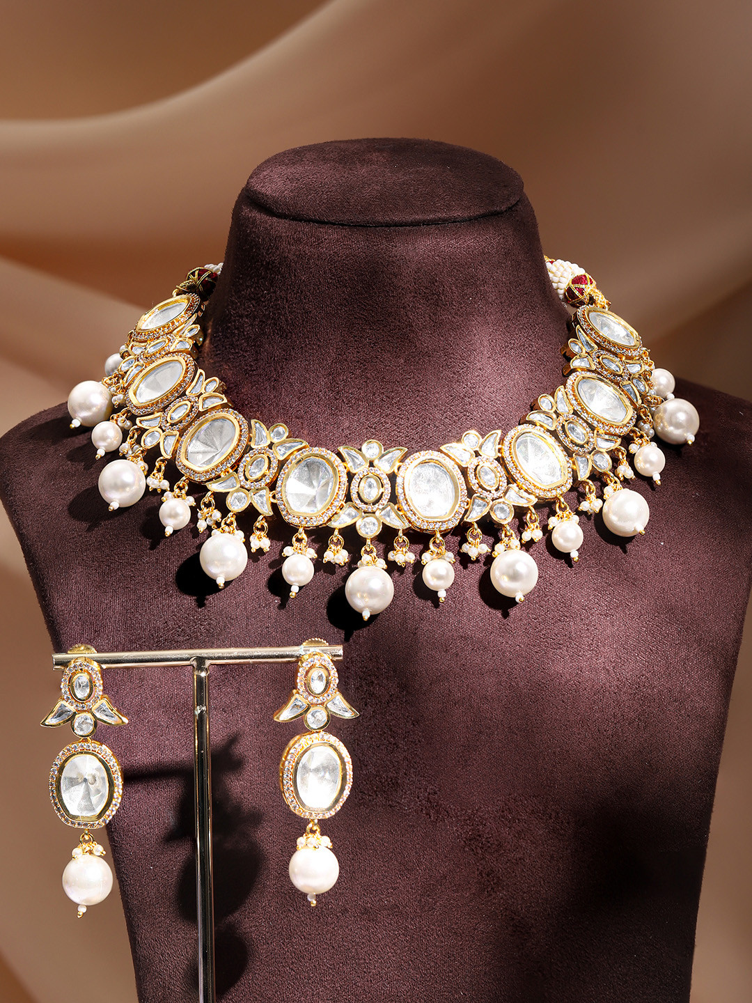 

Rubans Gold-Plated White Stone & Pearl Studded Jewellery Set
