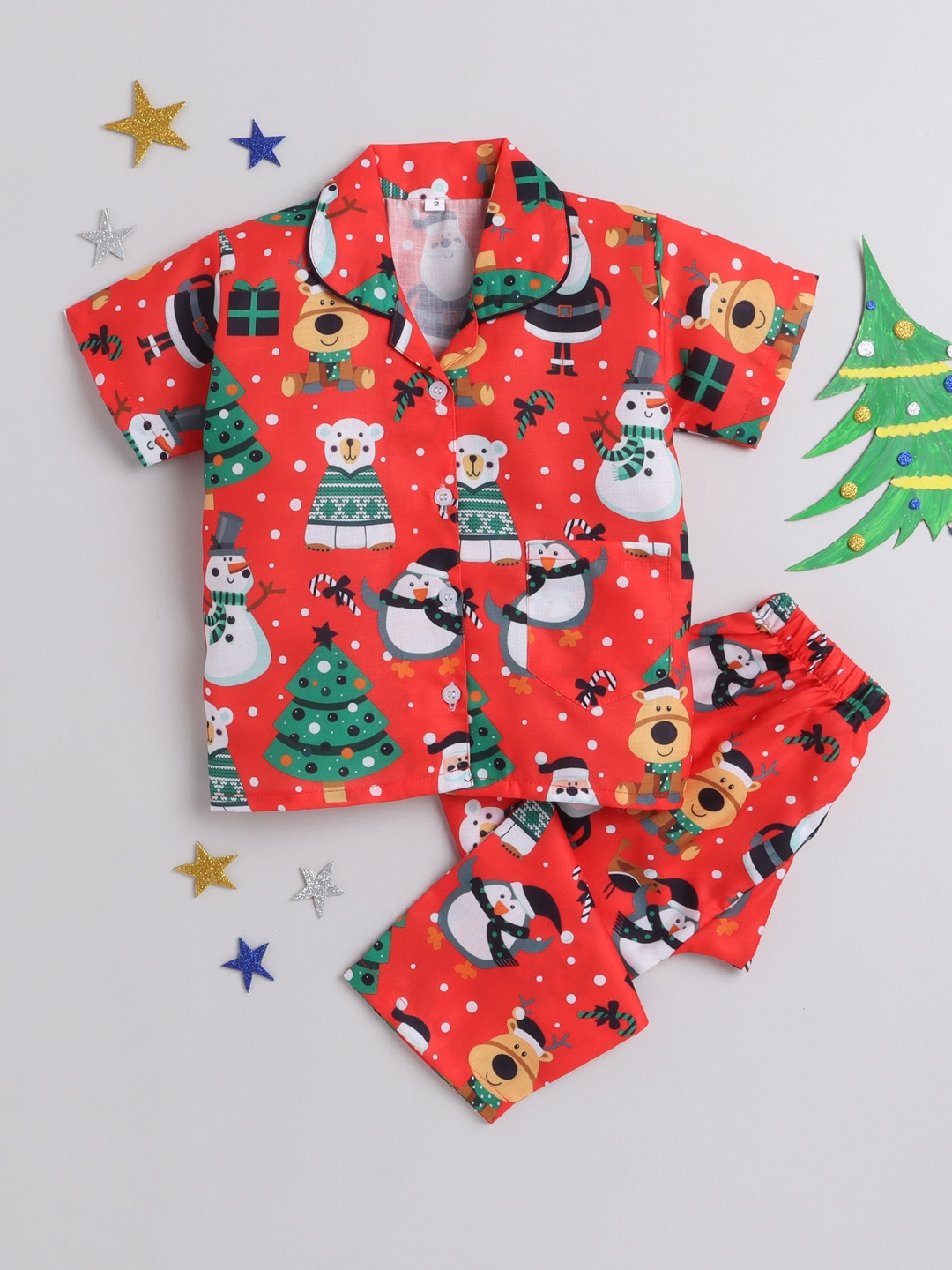 

The Magic Wand Unisex Kids Red & Green Printed Night suit