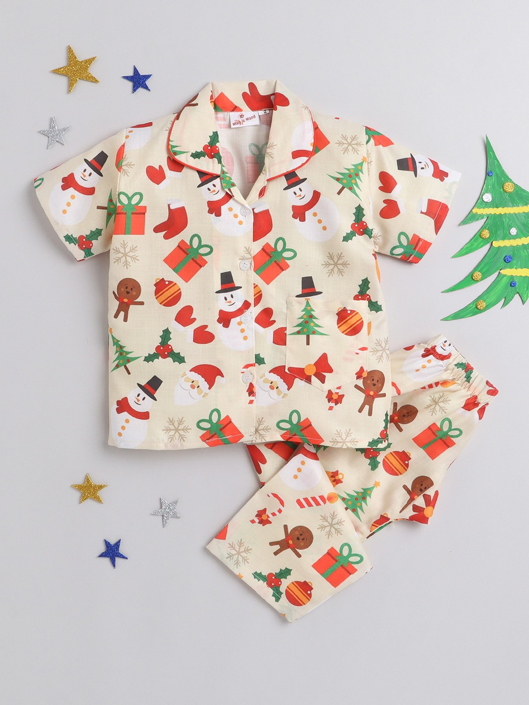 

The Magic Wand Unisex Kids Beige & Red Printed Night Suit
