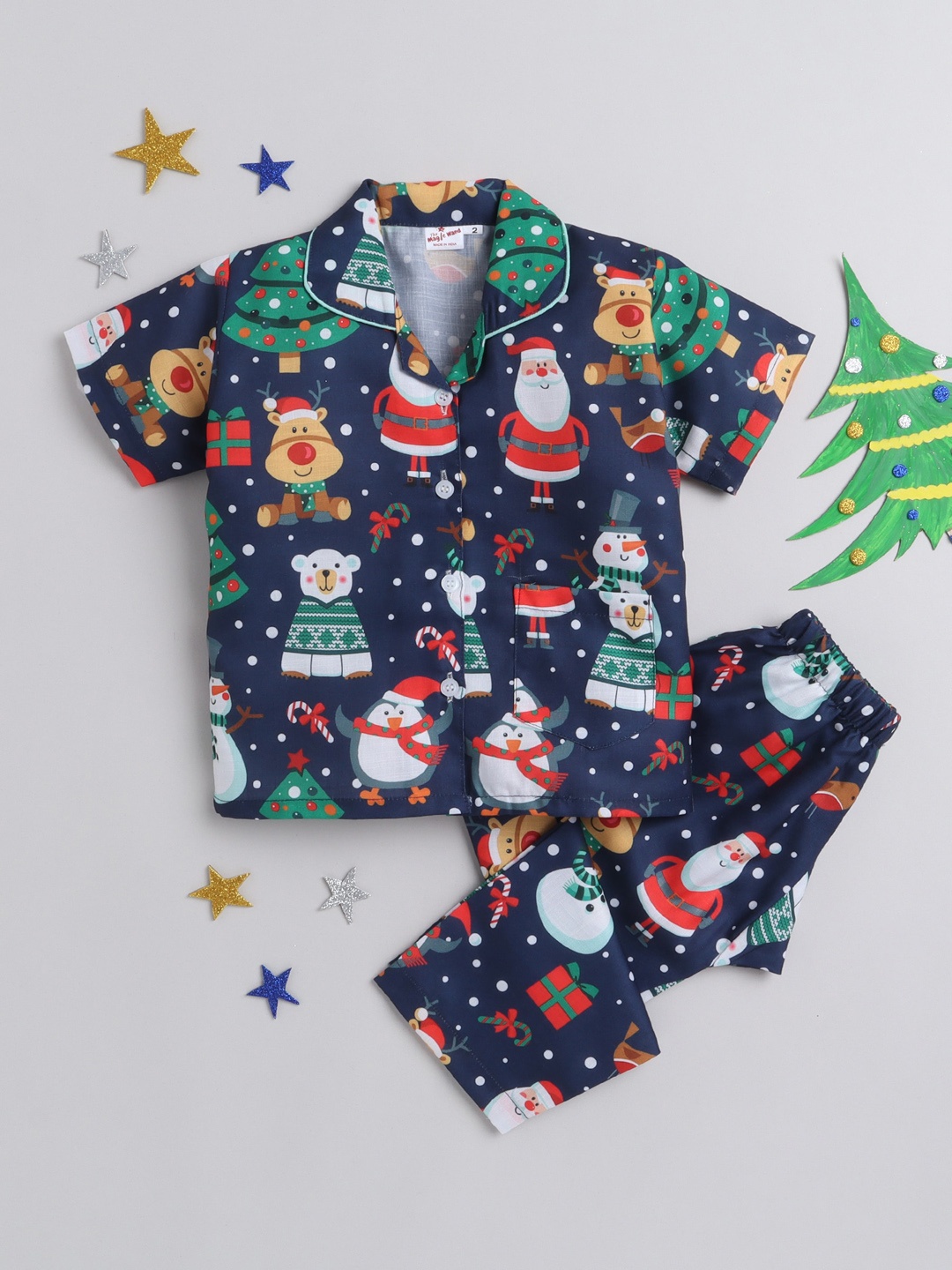 

The Magic Wand Unisex Kids Navy Blue & Red Printed Night suit
