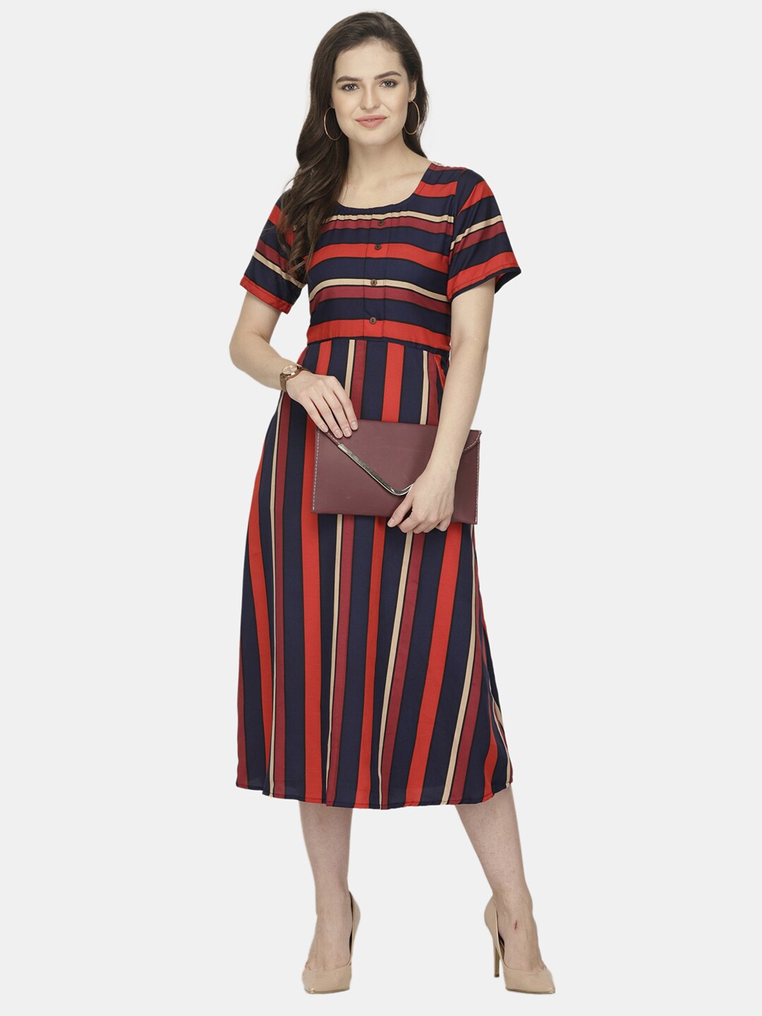 

Aarsha Multicoloured Striped Crepe A-Line Midi Dress, Multi