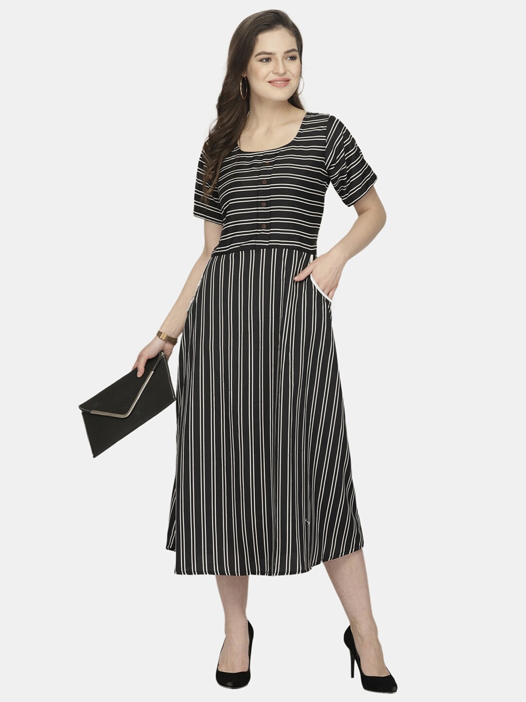 

Aarsha Black Striped Crepe Midi Dress