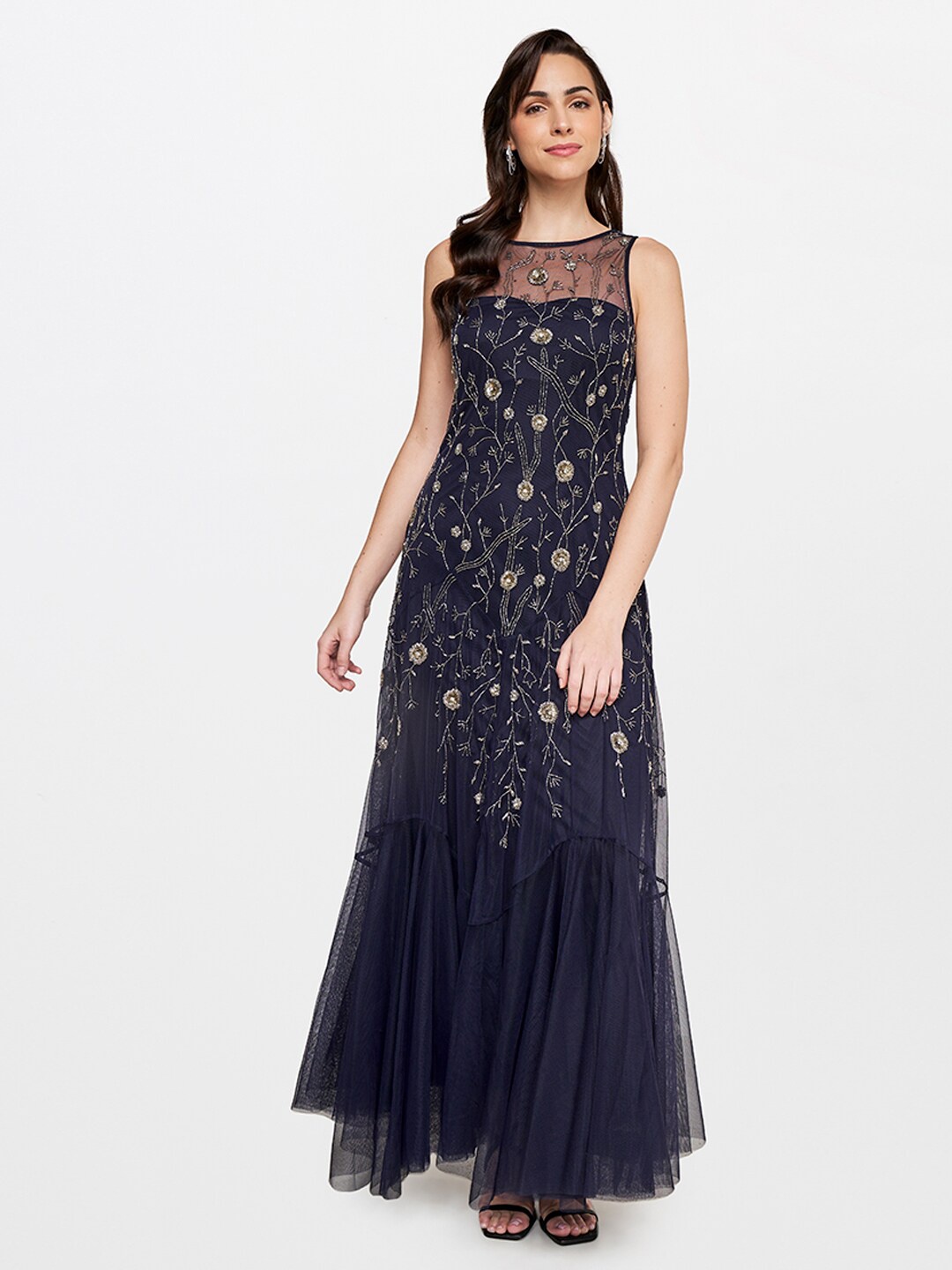 

AND Women Navy Blue Embellished Maxi Dress