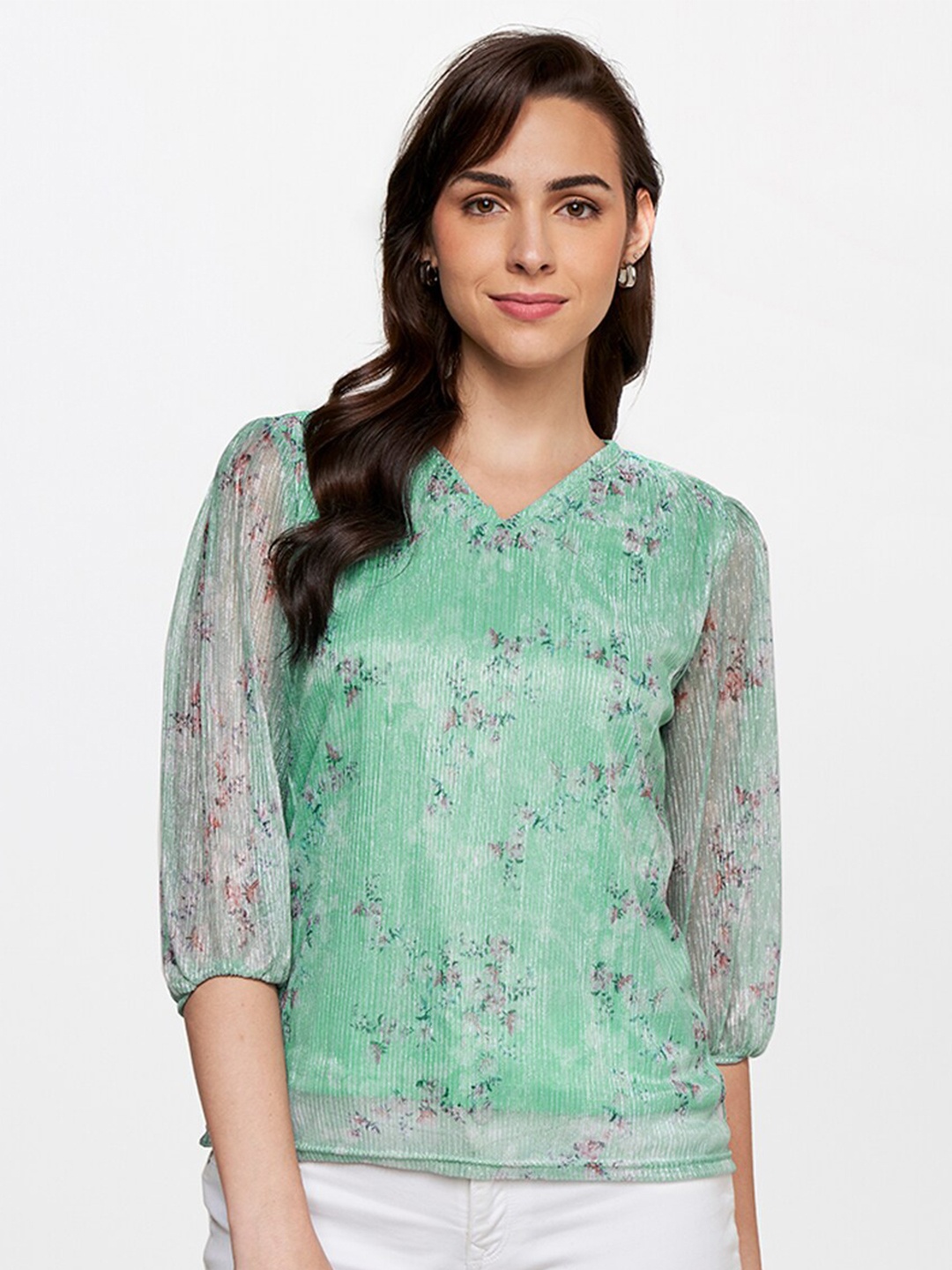 

AND Blue & Red Floral Print Top