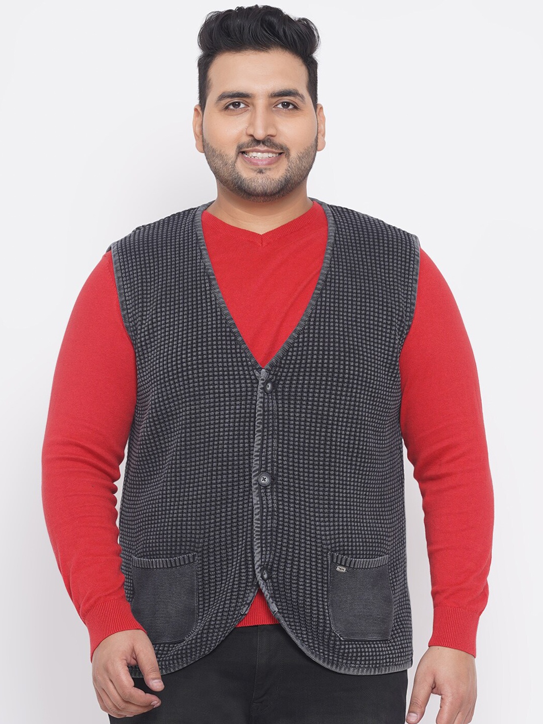 

Santonio Men Plus Size Grey Checked Cardigan