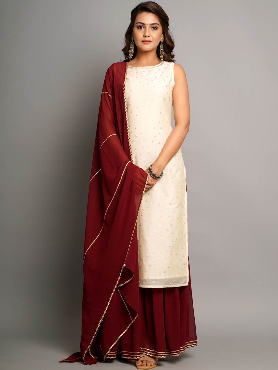 

CRAFTED FOR YOU Women Cream Embroidered Kurta with Sharara & Dupatta