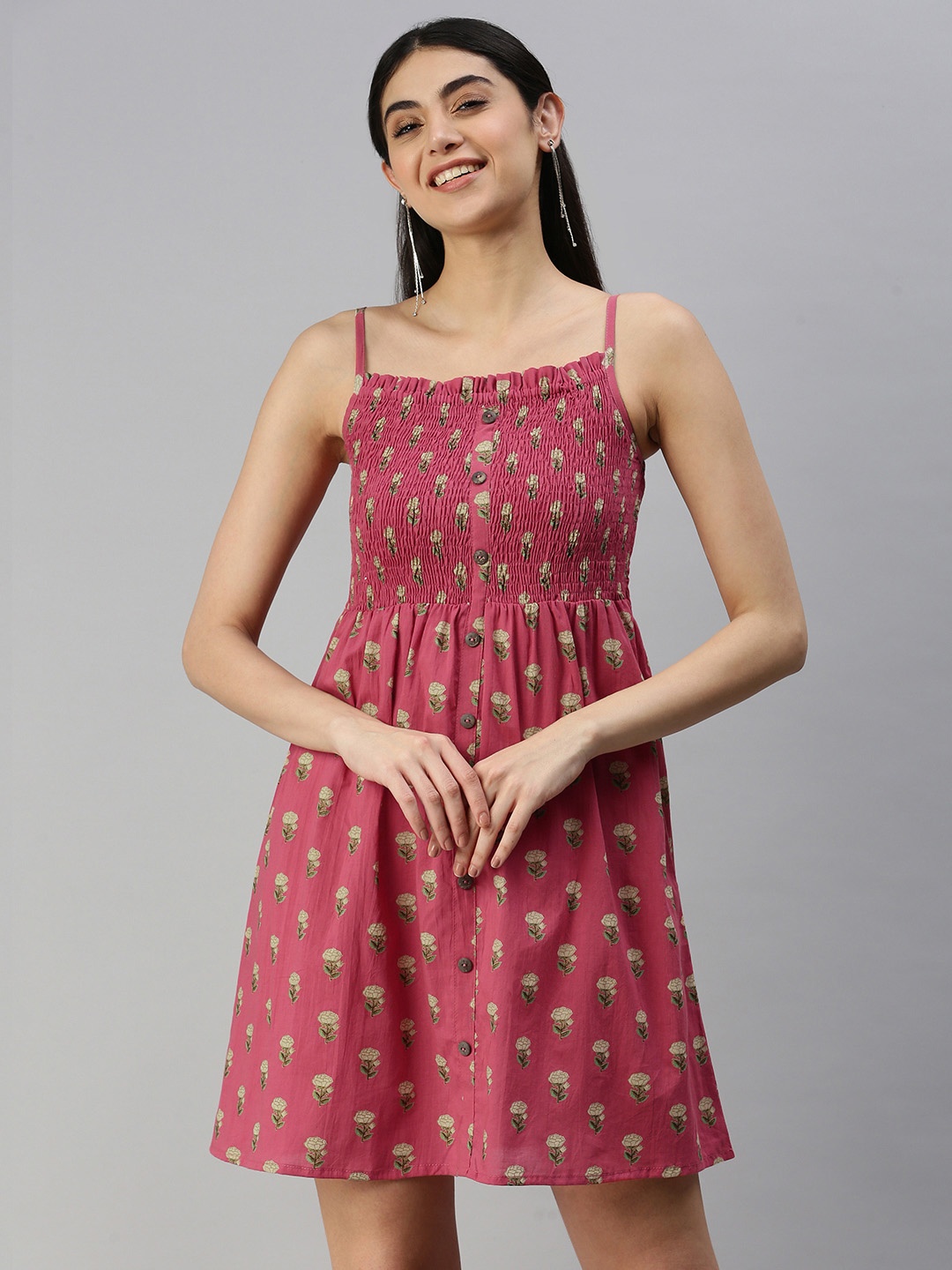 

MALHAAR Dusty Pink & Beige Floral Print Ethnic Fit and Flare Cotton Dress, Rose