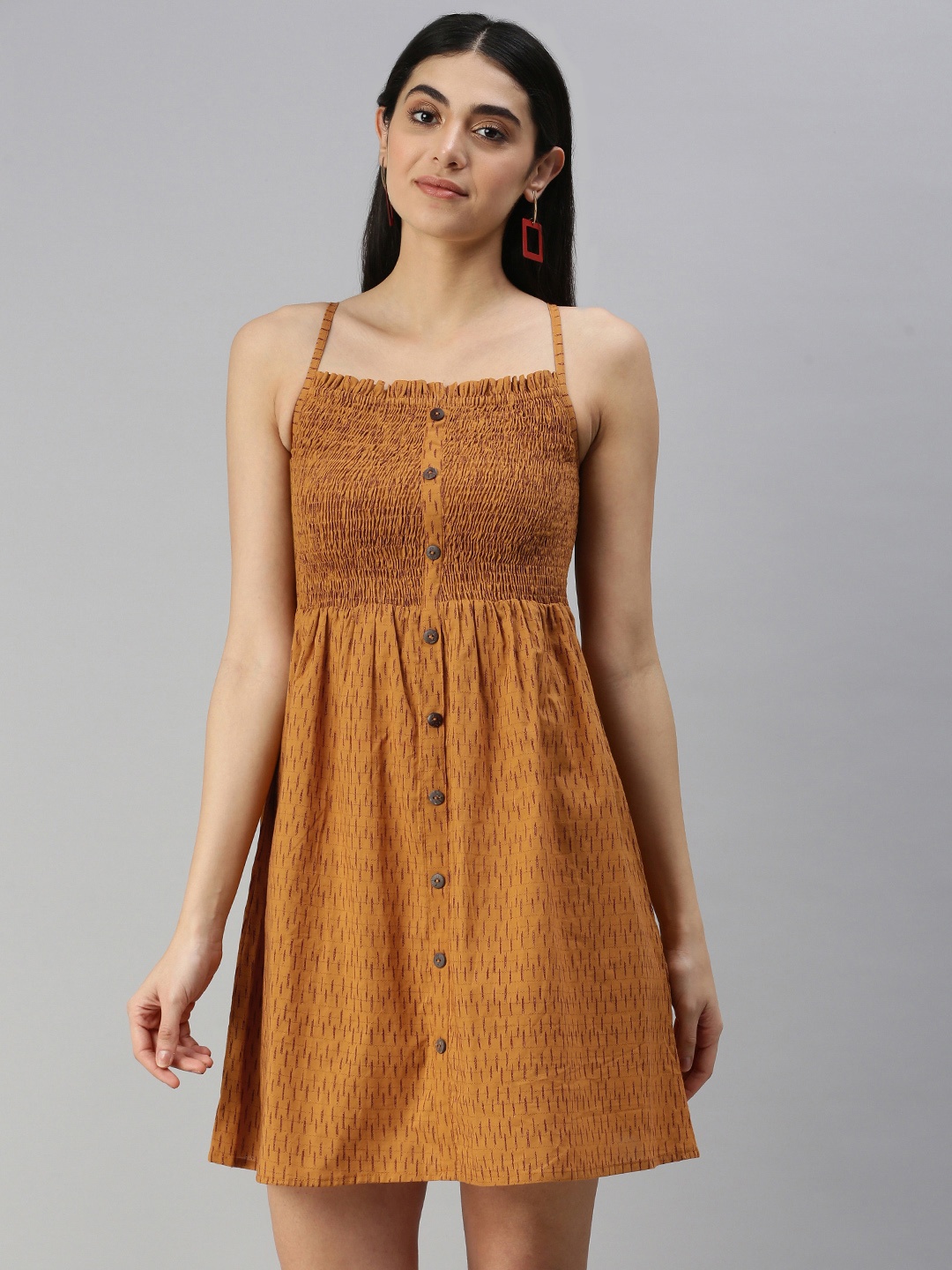 

MALHAAR Brown Fit and Flare Cotton Dress