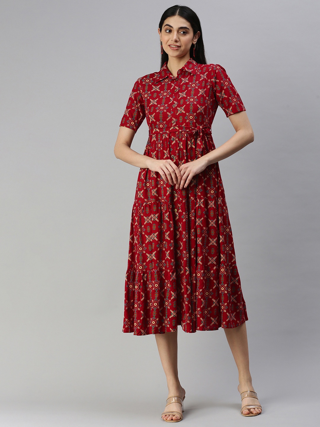 

MALHAAR Maroon & Beige Ethnic Fit and Flare Dress