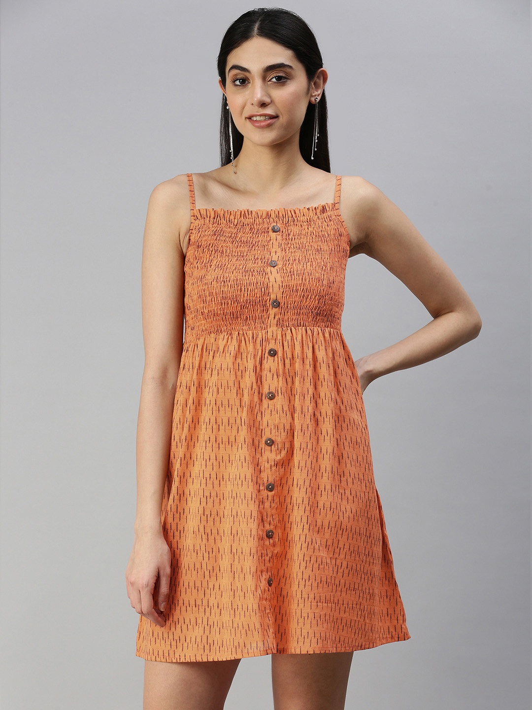 

MALHAAR Peach & Brown Ethnic Fit and Flare Cotton Dress