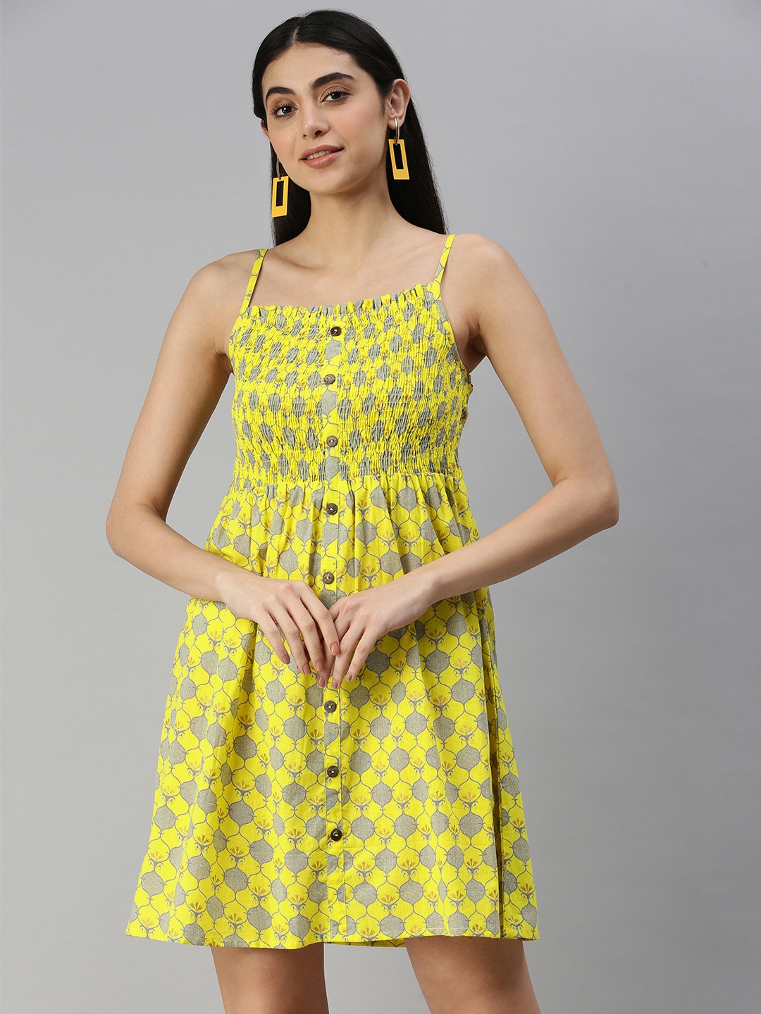 

MALHAAR Yellow & Grey Ethnic Fit and Flare Cotton Dress